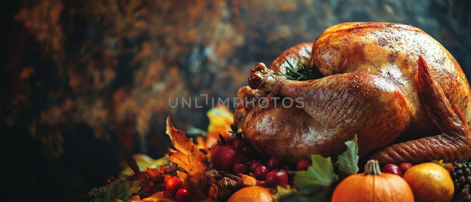 A beautifully roasted turkey surrounded by autumn leaves and fruits, embodying the essence of a Thanksgiving feast.