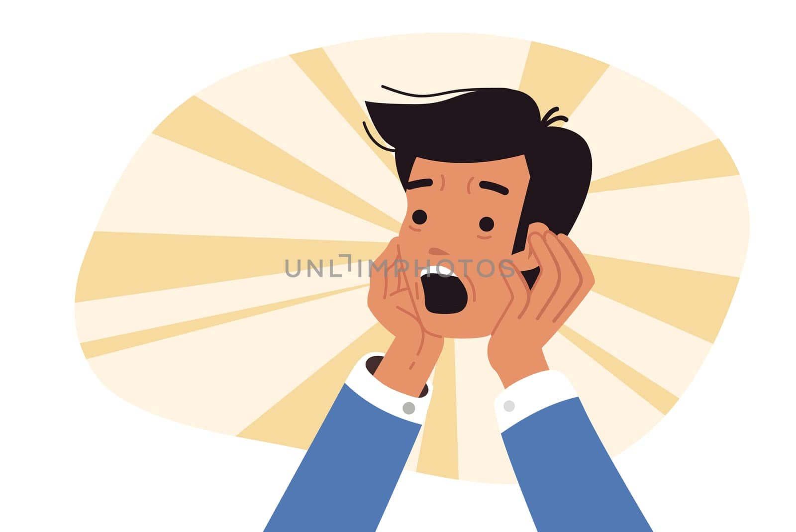 Head of shocked man in hands of business person, for concept of fear of uncertain future. Shocked businessman screams after learning about unsolvable problems and risk of bankruptcy of corporation
