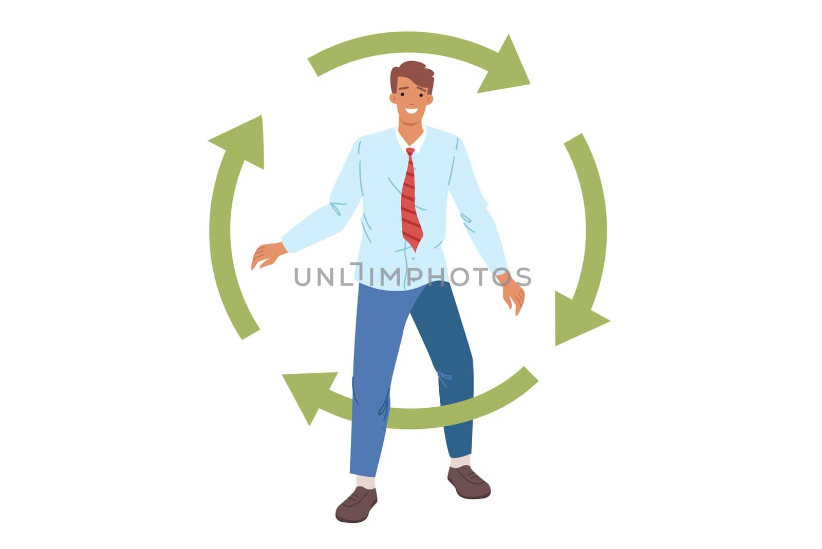 Businessman, rehabilitated after bankruptcy, steps through circle of green arrows. Successful male office employee rehabilitated and reborn after being fired and emptying bank accounts