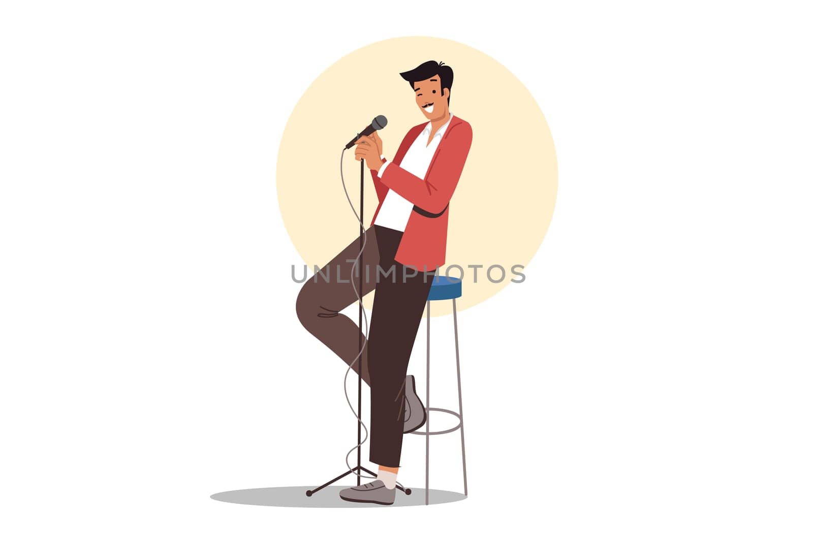 Stand-up show from man comedian standing on stage with microphone in hand, near high chair and spotlight. Guy performs solo program at stand-up show, trying to make audience laugh with funny stories