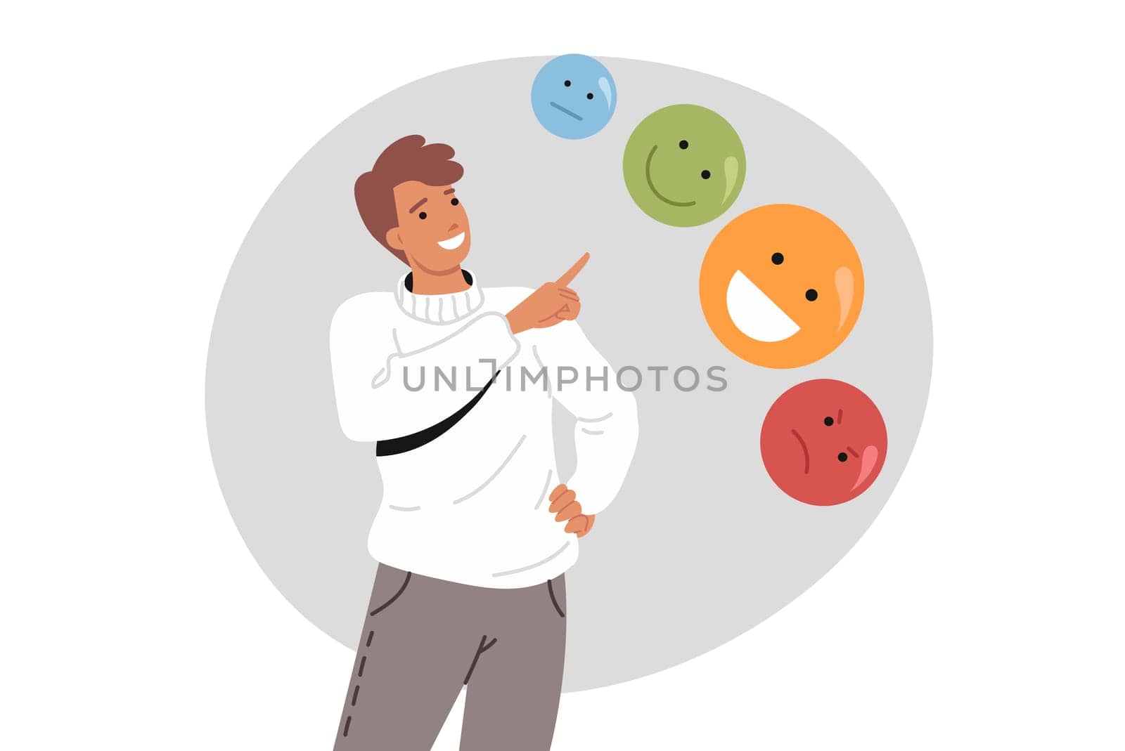 Man cares about emotional balance, pointing fingers at emoticons with different moods. Concept of importance of emotional balance for getting rid of psychological disorders and depression