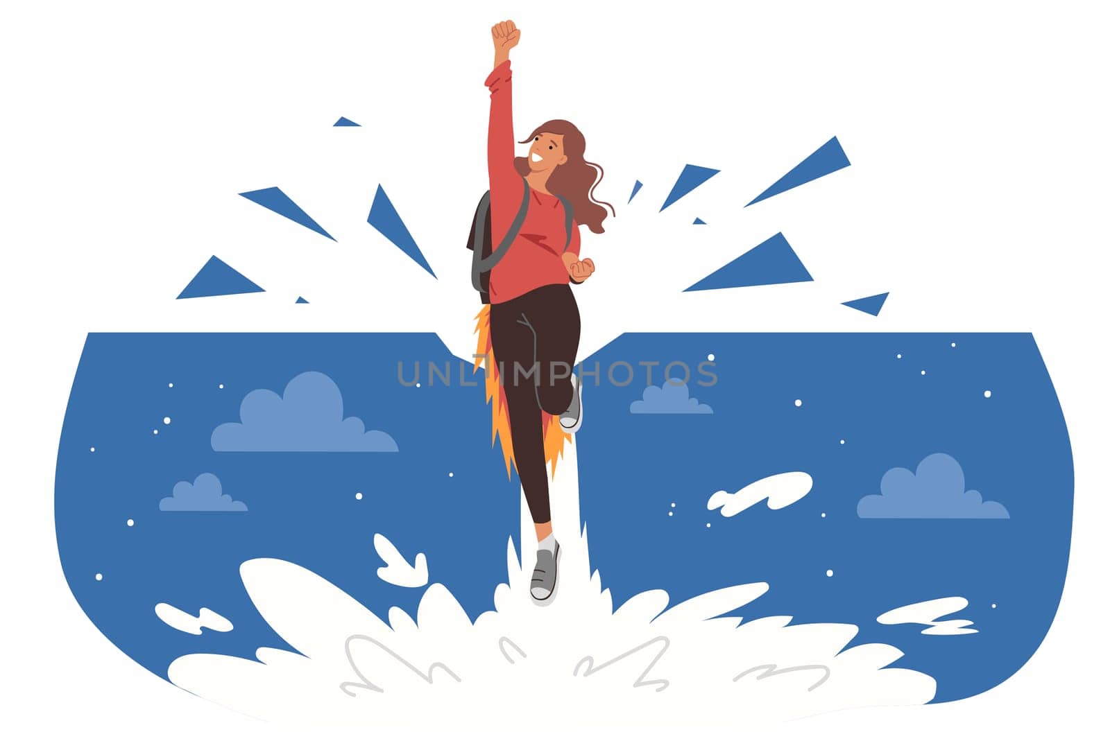 Ambitious woman with leadership potential flies up through night sky, using jetpack. Ambitious girl strives to achieve success in life and easily overcome difficulties and obstacles along way.