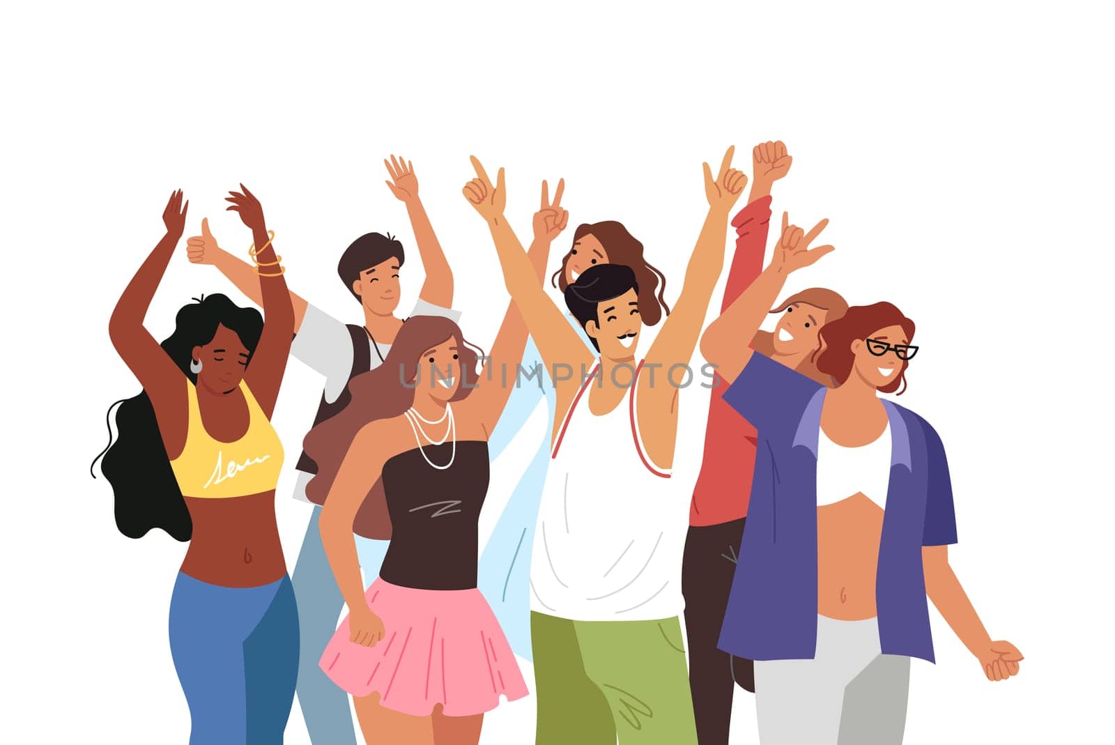 People dance at disco in nightclub or at music festival with good concert program. Men and women dance at discotheque enjoying nightlife and opportunity to forget about problems or difficulties