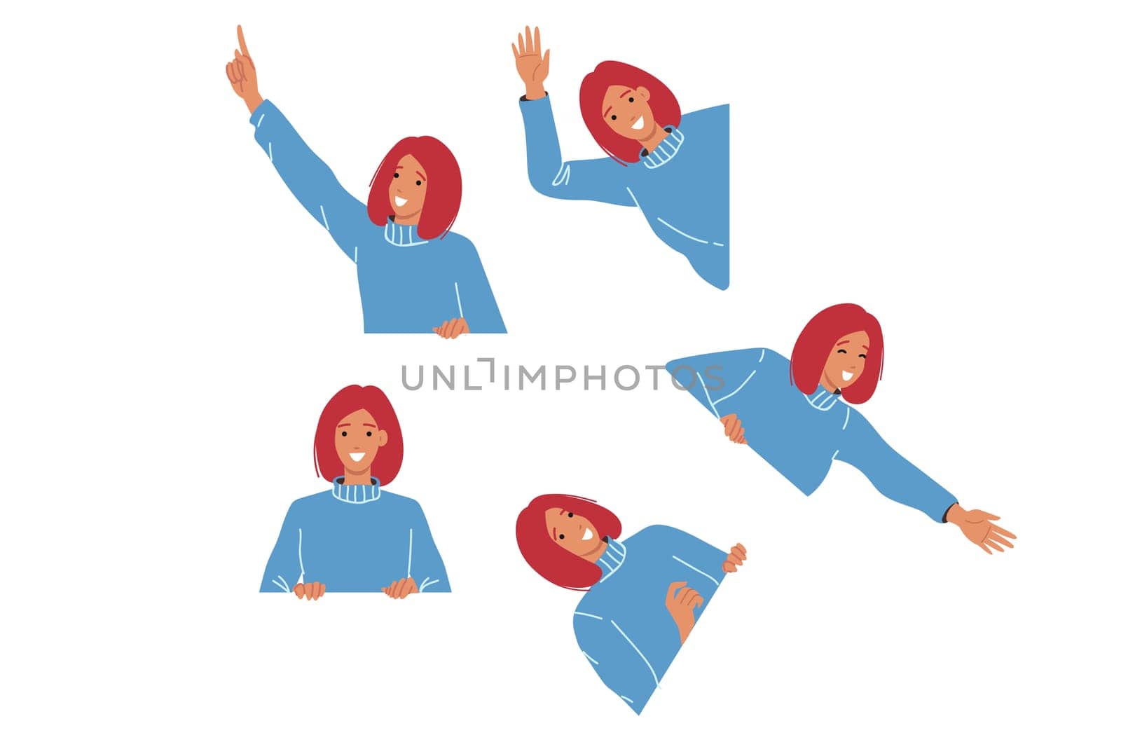 Woman with white banner or space for your advertisement waves hand in greeting or points to advertisement offer. Marketing proposal from attractive girl for promotional companies during sales season