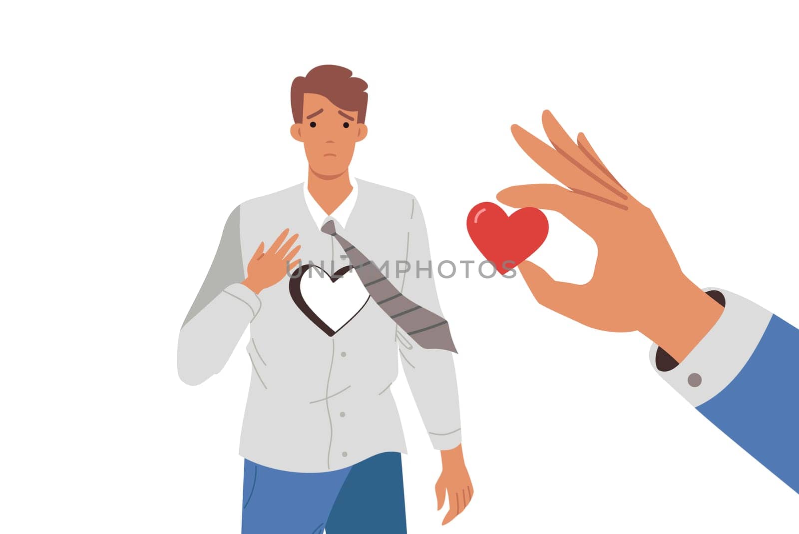 Businessman lost heart due to betrayal of partner or company employee who stole idea for startup. Young guy office worker with broken heart needs to restore relationship with girlfriend