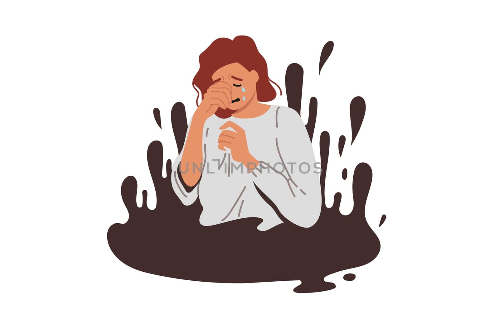 Upset woman cries and wipes tears with hand, being in viscous liquid symbolizing problems and difficulties. Hysteria and panic in girl drowning in difficulties caused by apathy or lack goals in life