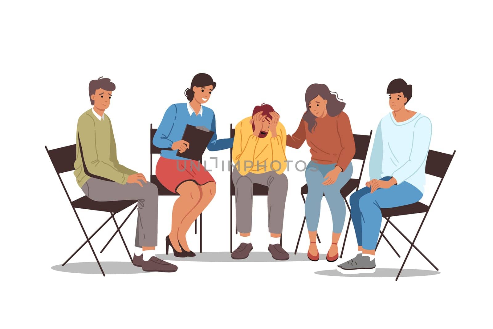 Group psychotherapy in alcoholics anonymous club, with team of people comforting upset man. Alcoholics anonymous section is trying to help friend who is victim of addiction to beer or vodka