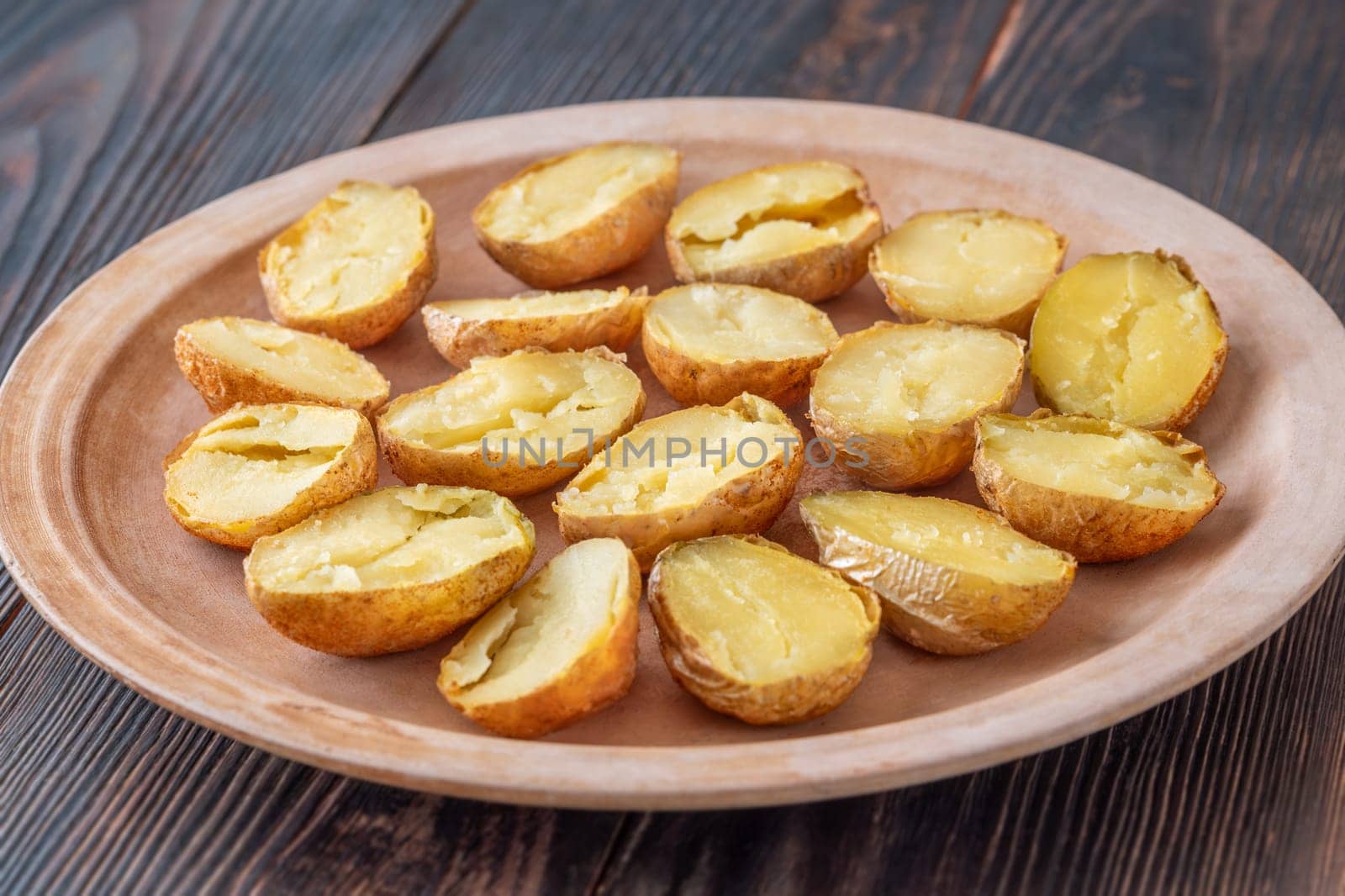 Plate with oven roasted crispy baby potatoes