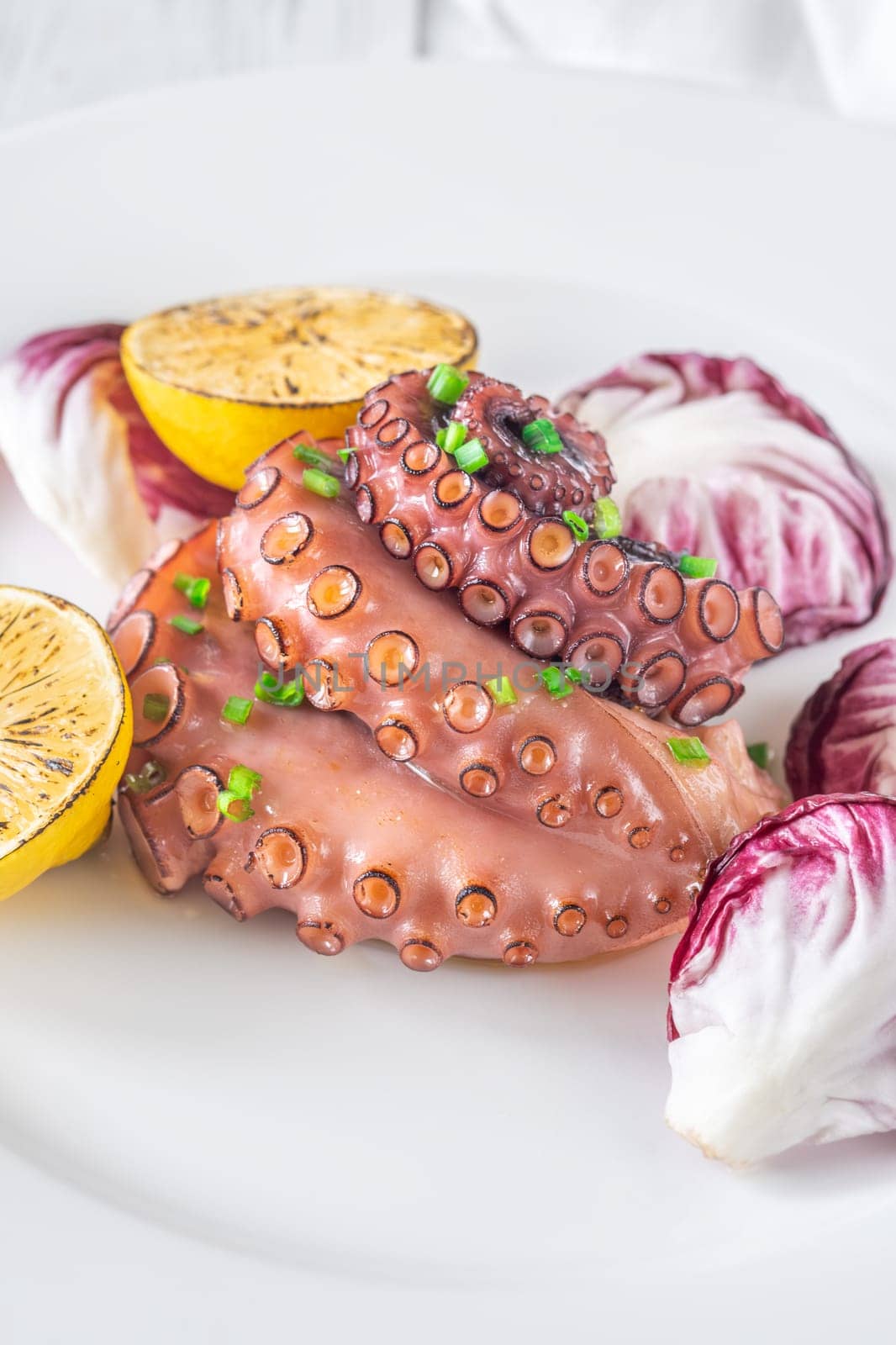 Portion of grilled Octopus with lemon and lettuce