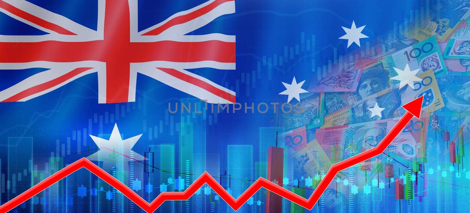 Australian financial growth concept, economic recovery. Growth of Australia economy on the financial graph