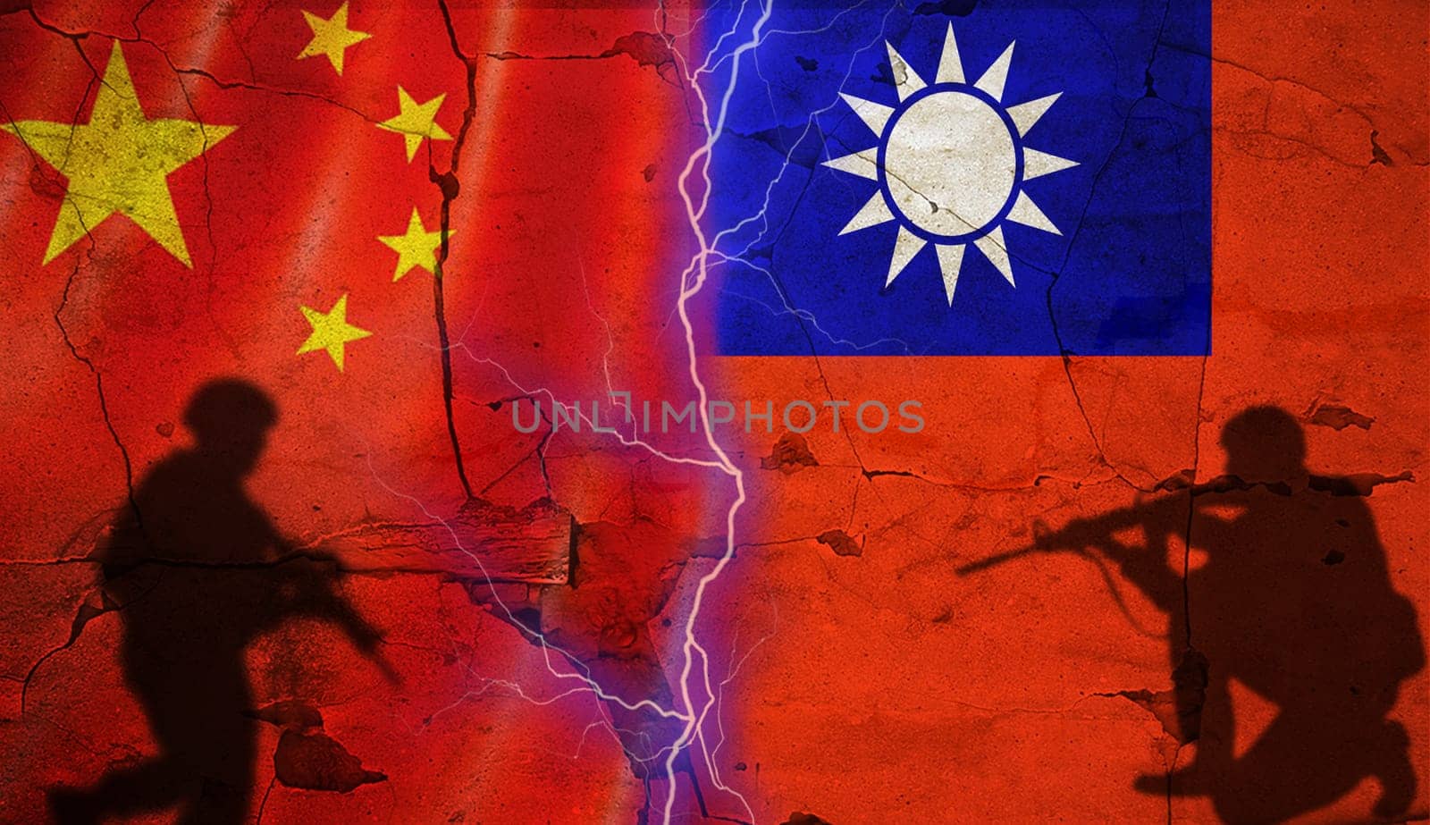 Taiwan vs China flag on cracked wall, geopolitical crisis