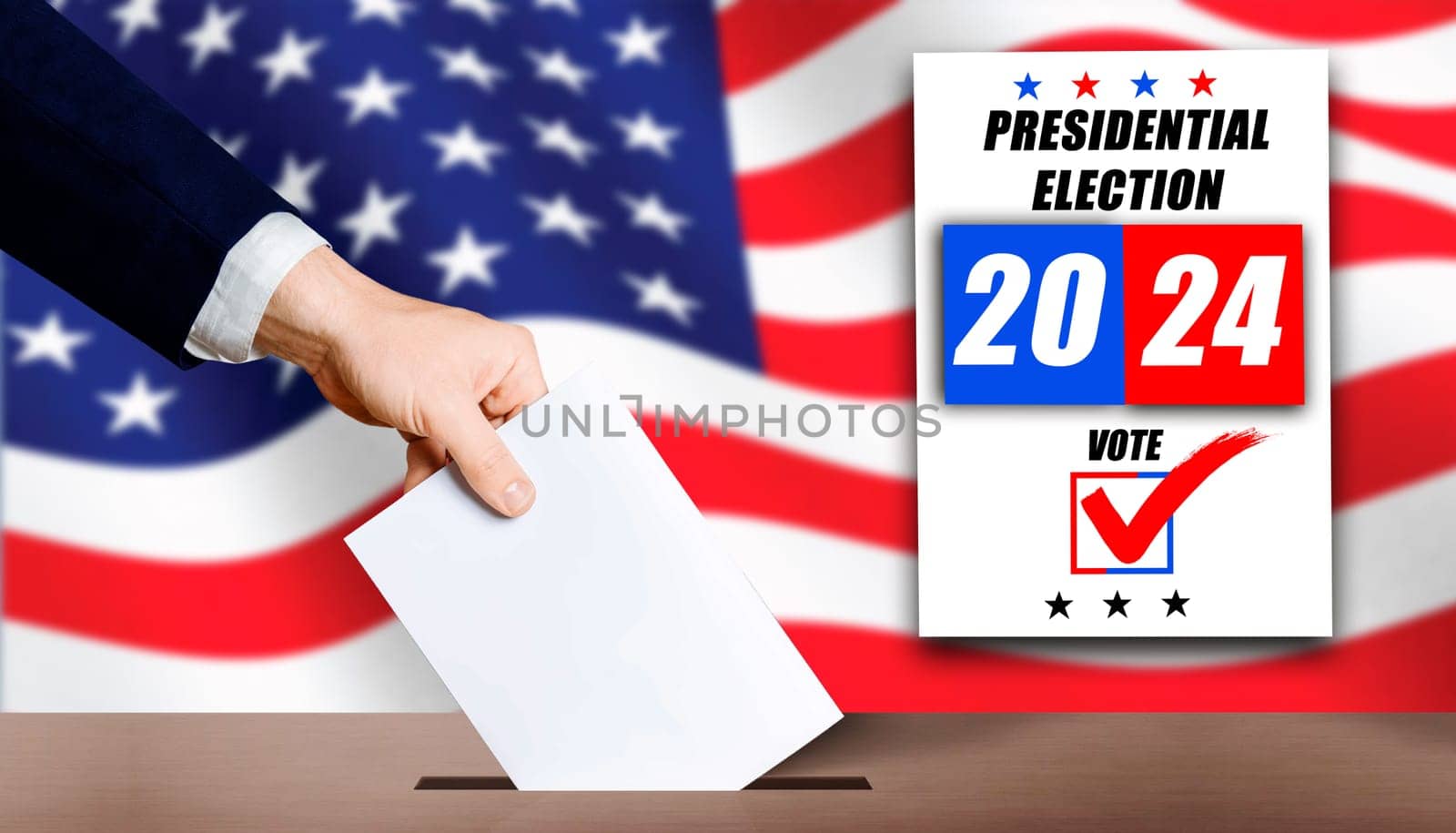 USA presidential vote 2024. Hand holding ballot in voting ballot box with USA flag in background