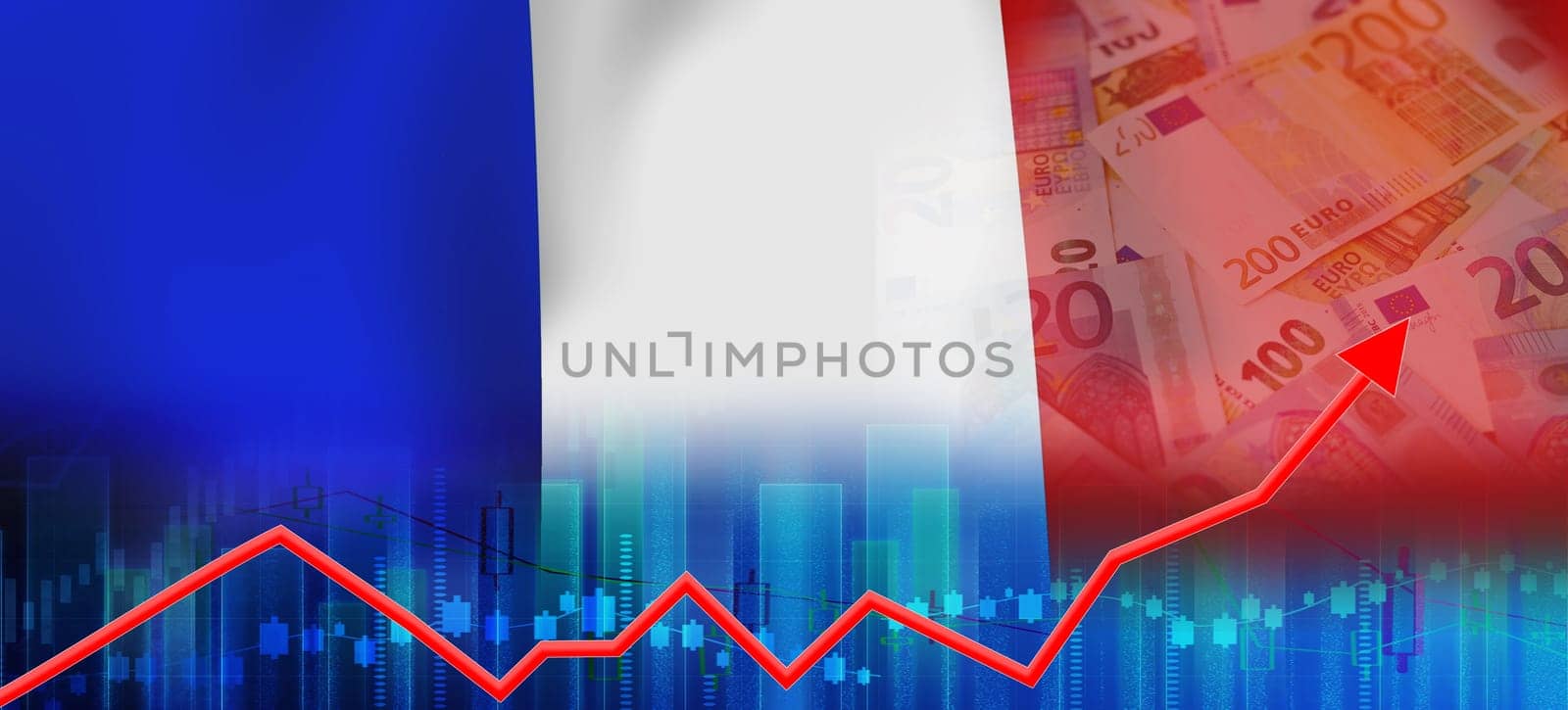 Growth of the French economy on the financial graph. France economy recovery on bar chart