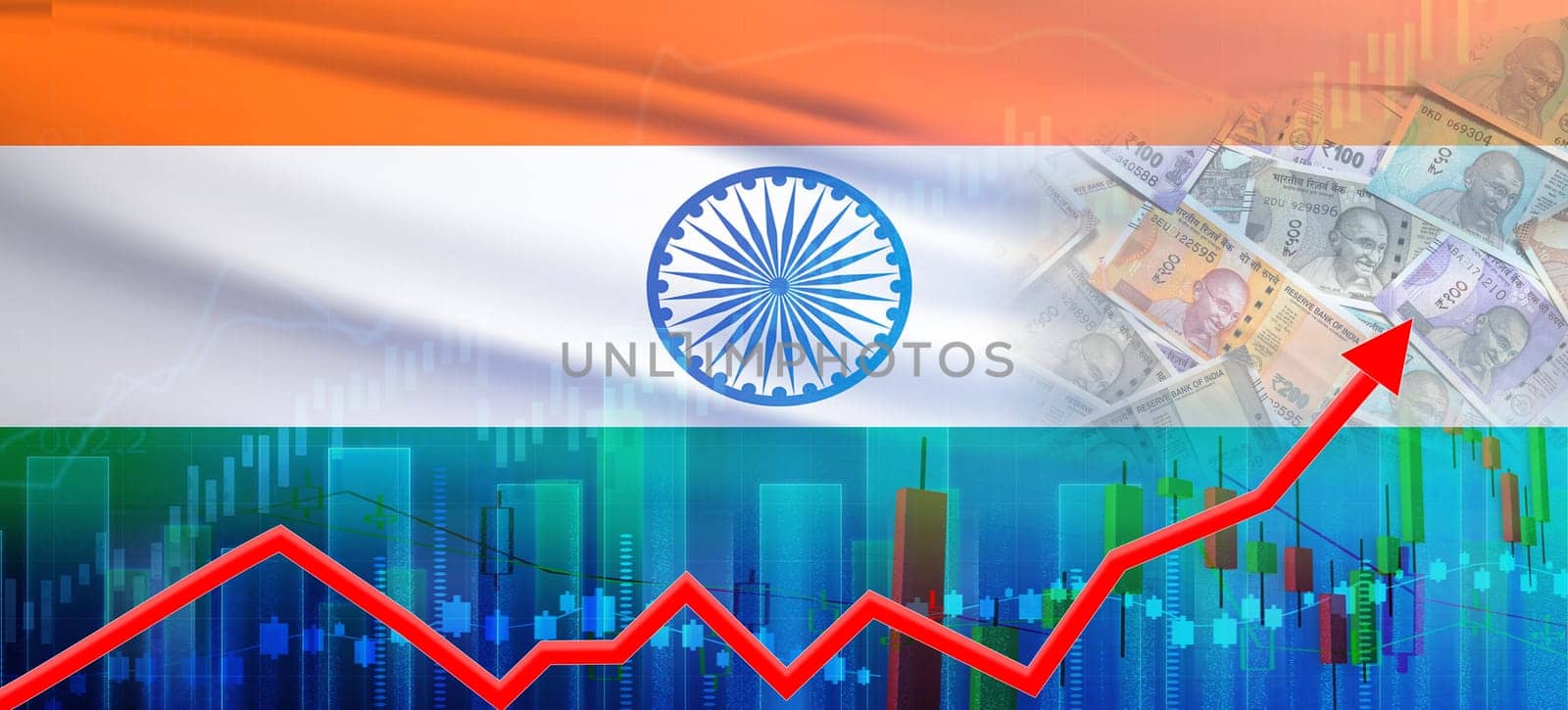 India financial growth concept, economic recovery. Growth of India economy on the financial graph