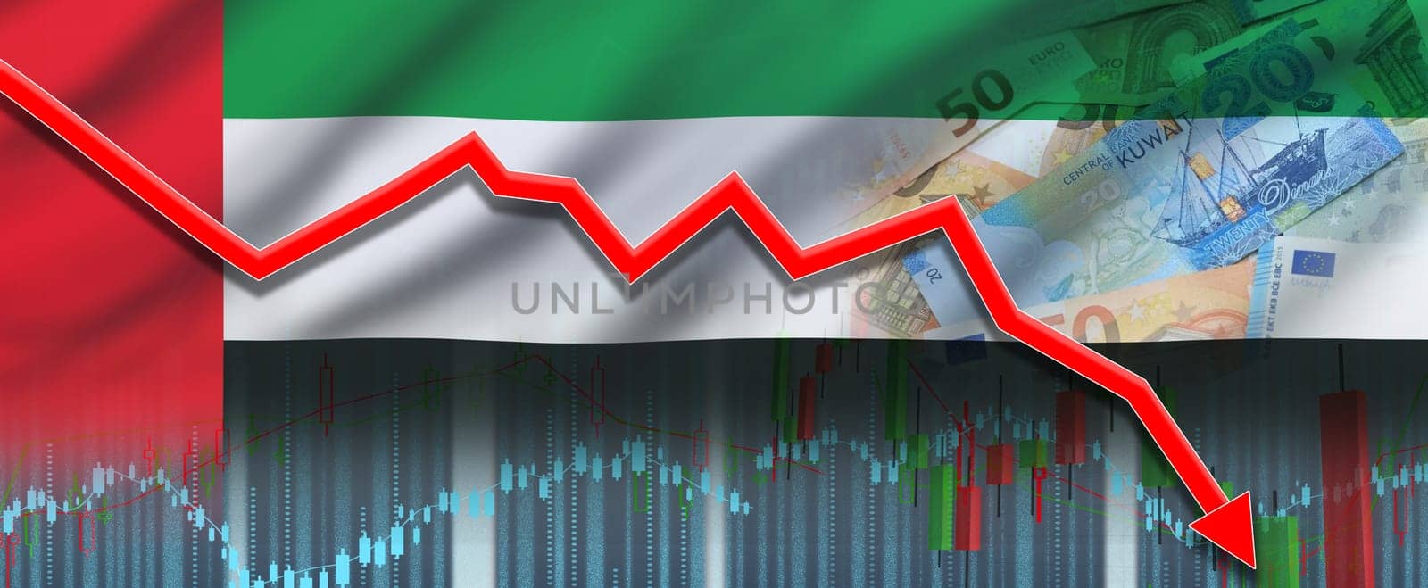 Kuwait financial crisis on economic graph, economic collapse. Financial fall of Kuwait economy on financial graph
