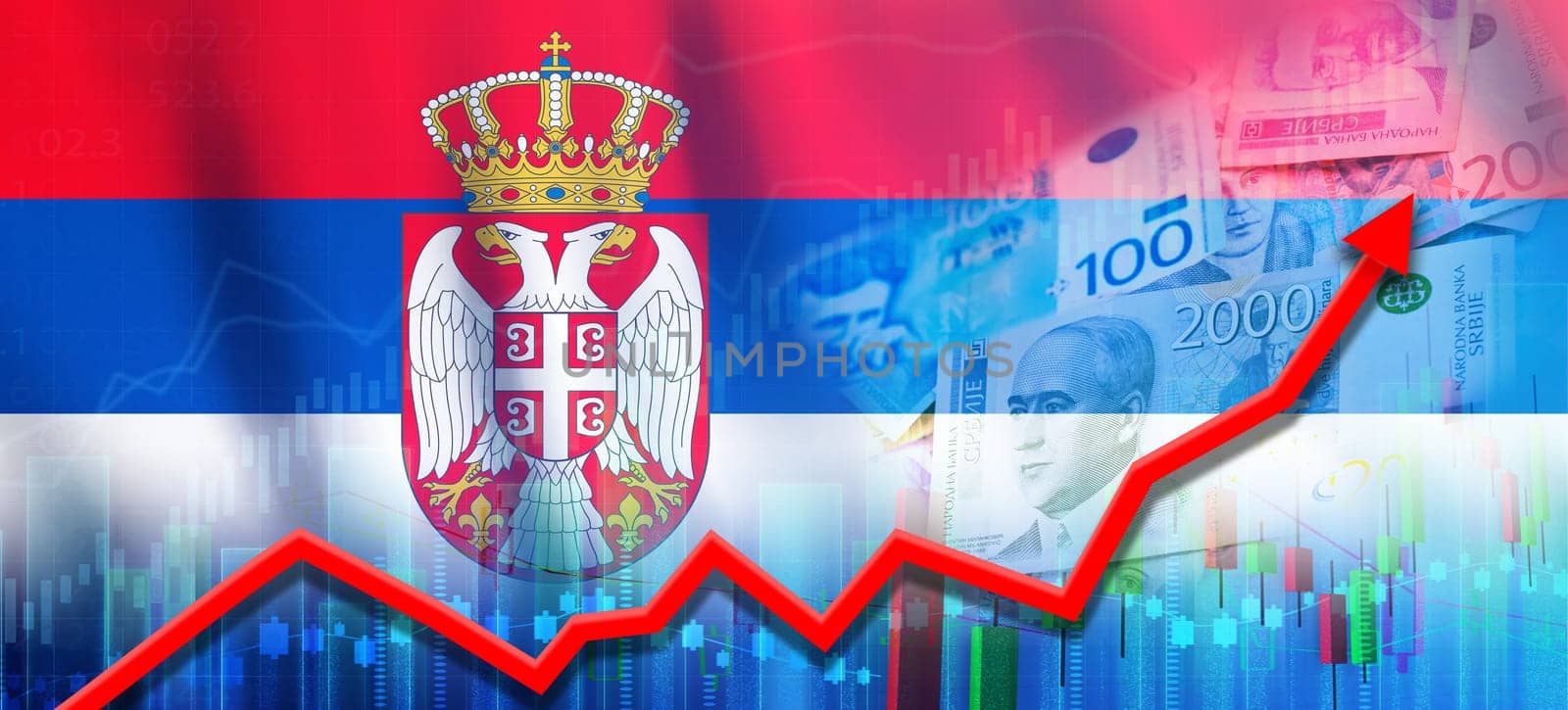 Serbian financial growth concept, economic recovery. Serbia economy growth on financial graph