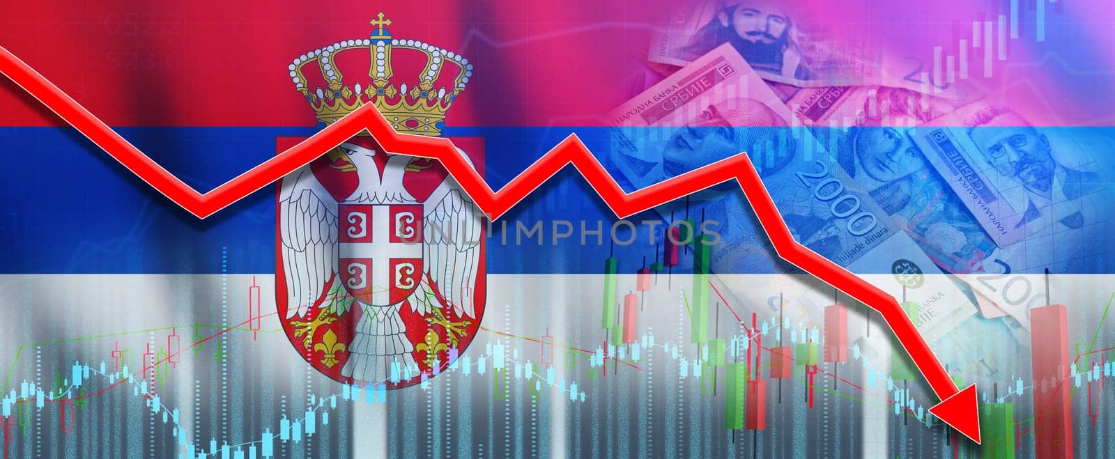 Serbia financial crisis on economic graph. Financial fall of Serbia economy on financial graph