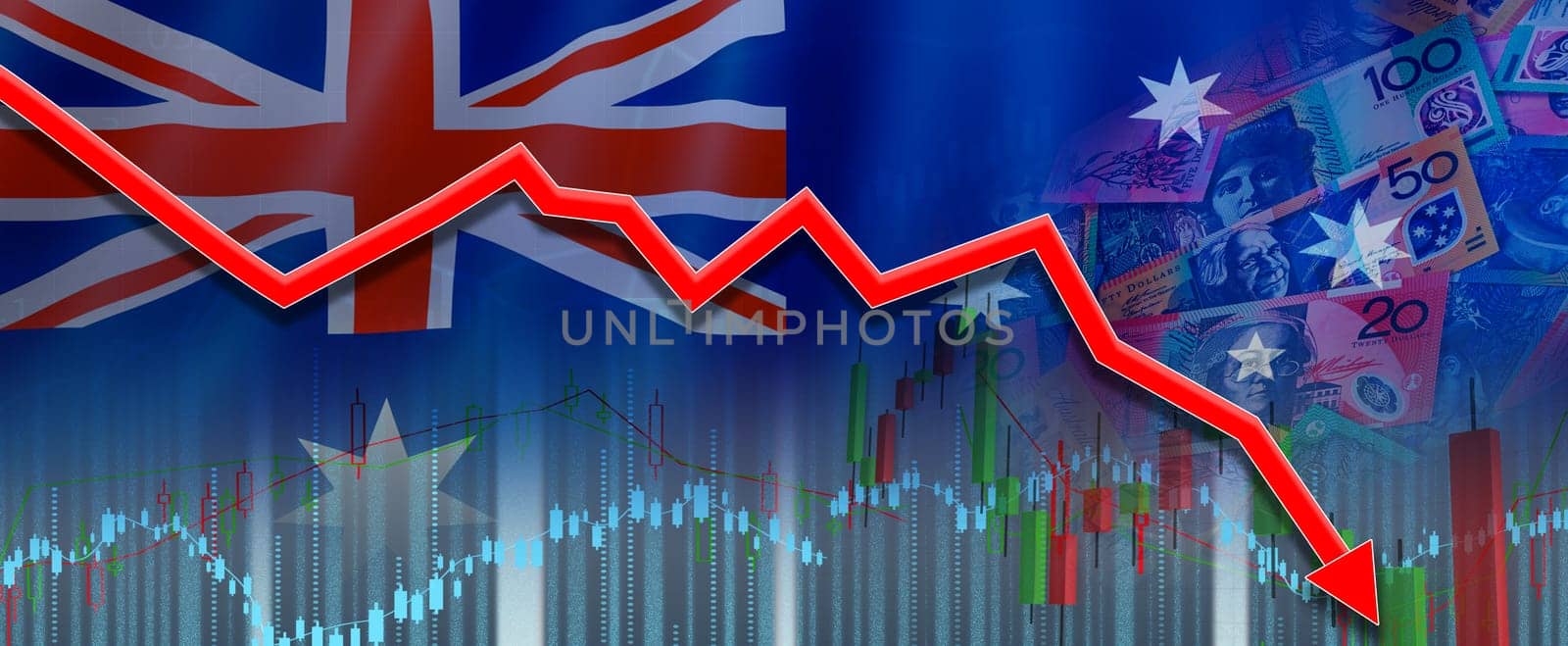 Financial fall of Australian economy on financial graph. Australia financial crisis on economic graph, economic collapse
