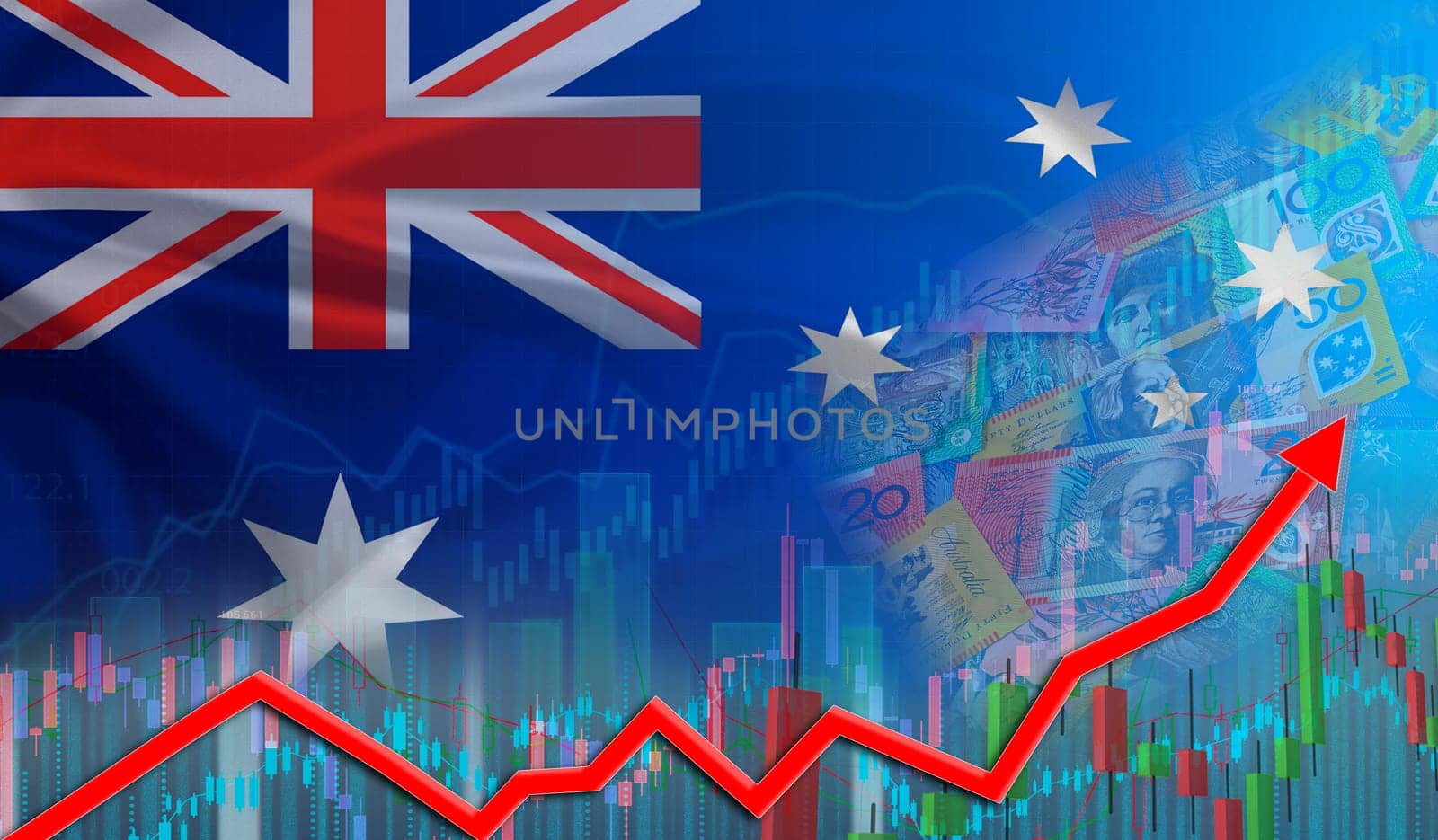 Growth of Australia economy on the financial graph. Australian financial growth concept, economic recovery