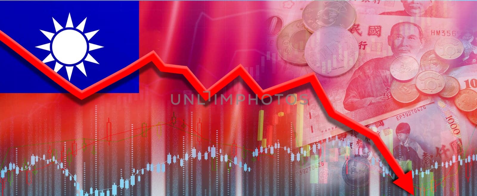 Taiwan financial crisis on economic graph.  Financial fall of Taiwan economy concept