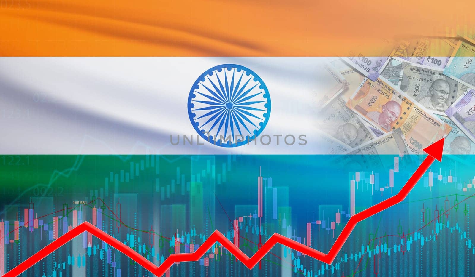 Growth of India economy on the financial graph. India financial growth concept, economic recovery