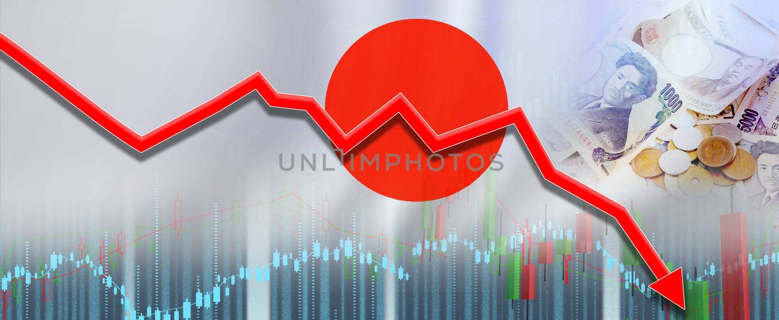 Japan financial crisis on economic graph, economic collapse. Financial fall japan economy