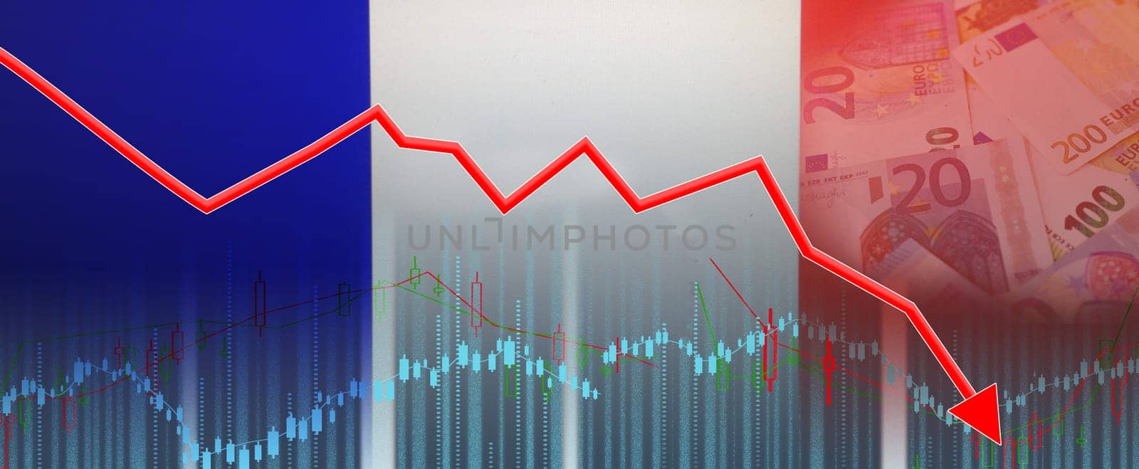 France financial crisis on economic graph, economic collapse. Financial fall of the French economy on financial graph