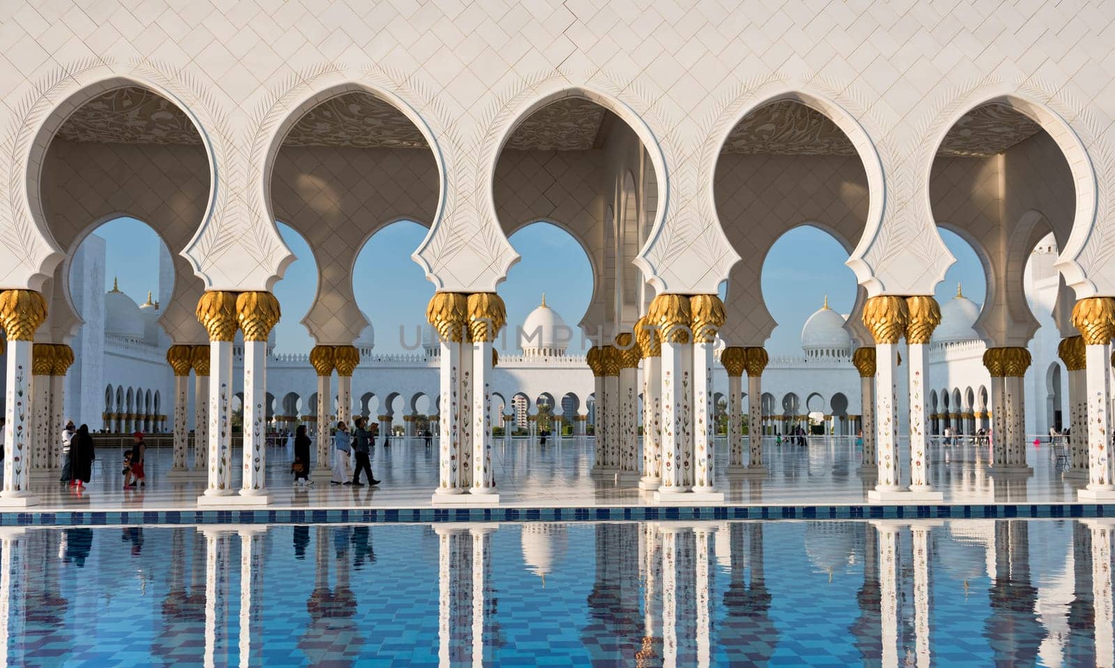 Beautiful gallery of famous Sheikh Zayed White Mosque in Abu Dhabi, UAE. Reflections