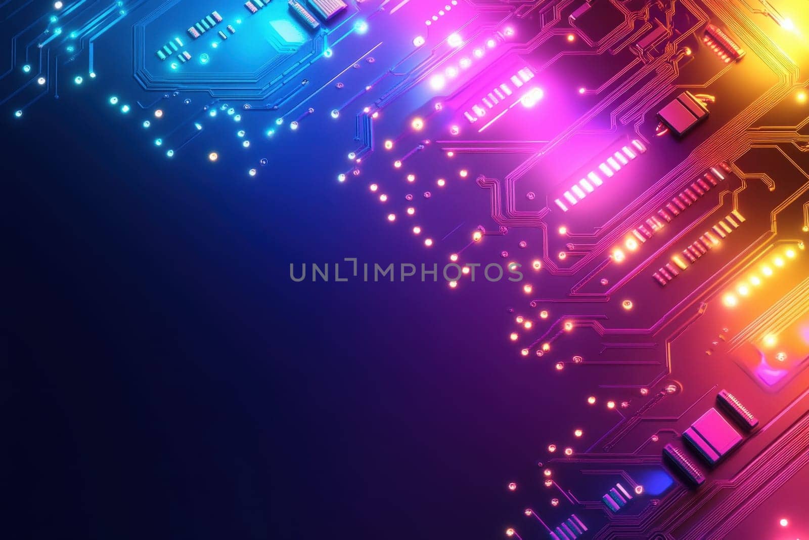 A colorful circuit board glows in vibrant neon hues against a dark, clean surface.