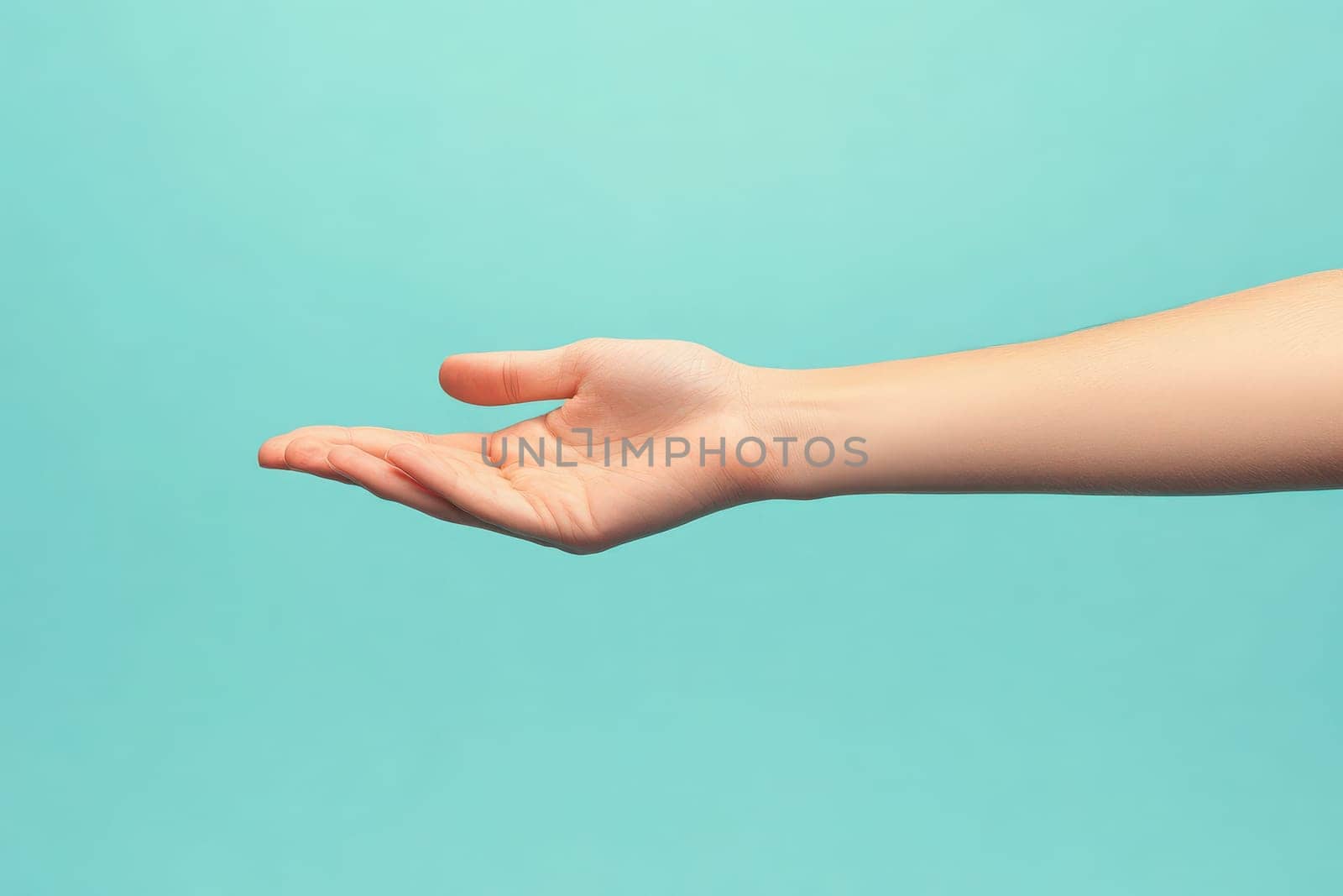 An open hand extends outward in a handshake gesture, symbolizing agreement or partnership. The background is a solid, clean blue, highlighting the gestures importance.