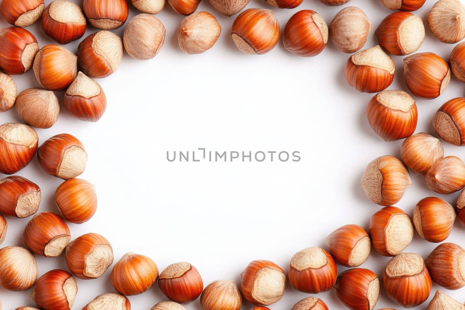 A collection of whole hazelnuts is displayed in a circular arrangement, showcasing their smooth shells and rich, brown color against a pristine white background, highlighting their natural beauty.