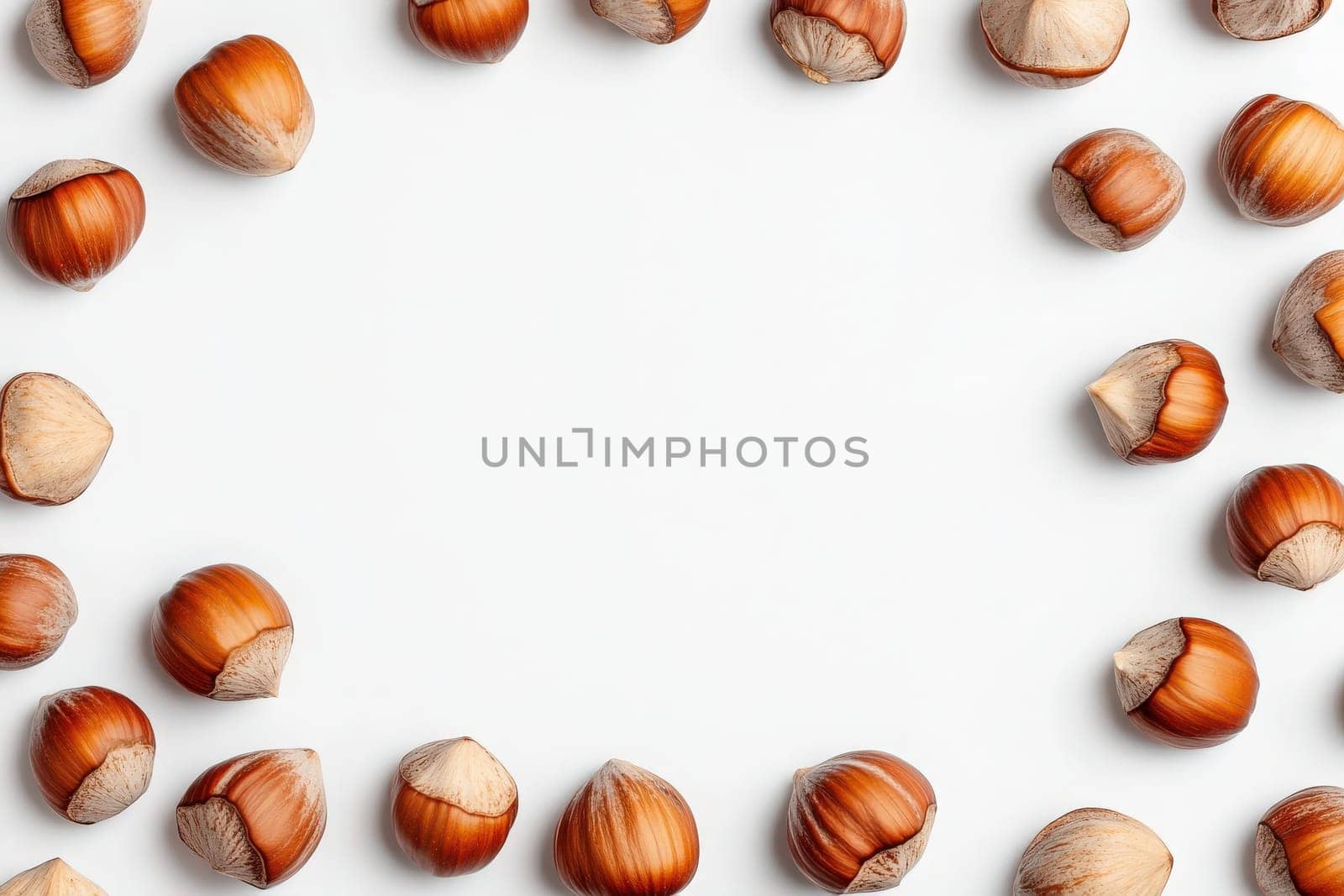 Several hazelnuts are isolated in the center, surrounded by more hazelnuts on a clean white surface, showcasing their rich brown shells and inviting texture.