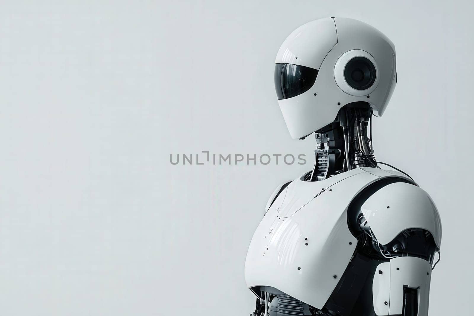 A futuristic robot is depicted in a sleek design, featuring a smooth white surface and intricate mechanical components.