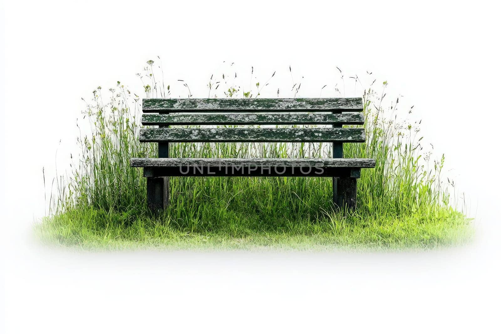 A garden bench stands isolated in the center of a lush green area, enveloped by wild grass, creating a serene and quiet atmosphere for relaxation and contemplation.