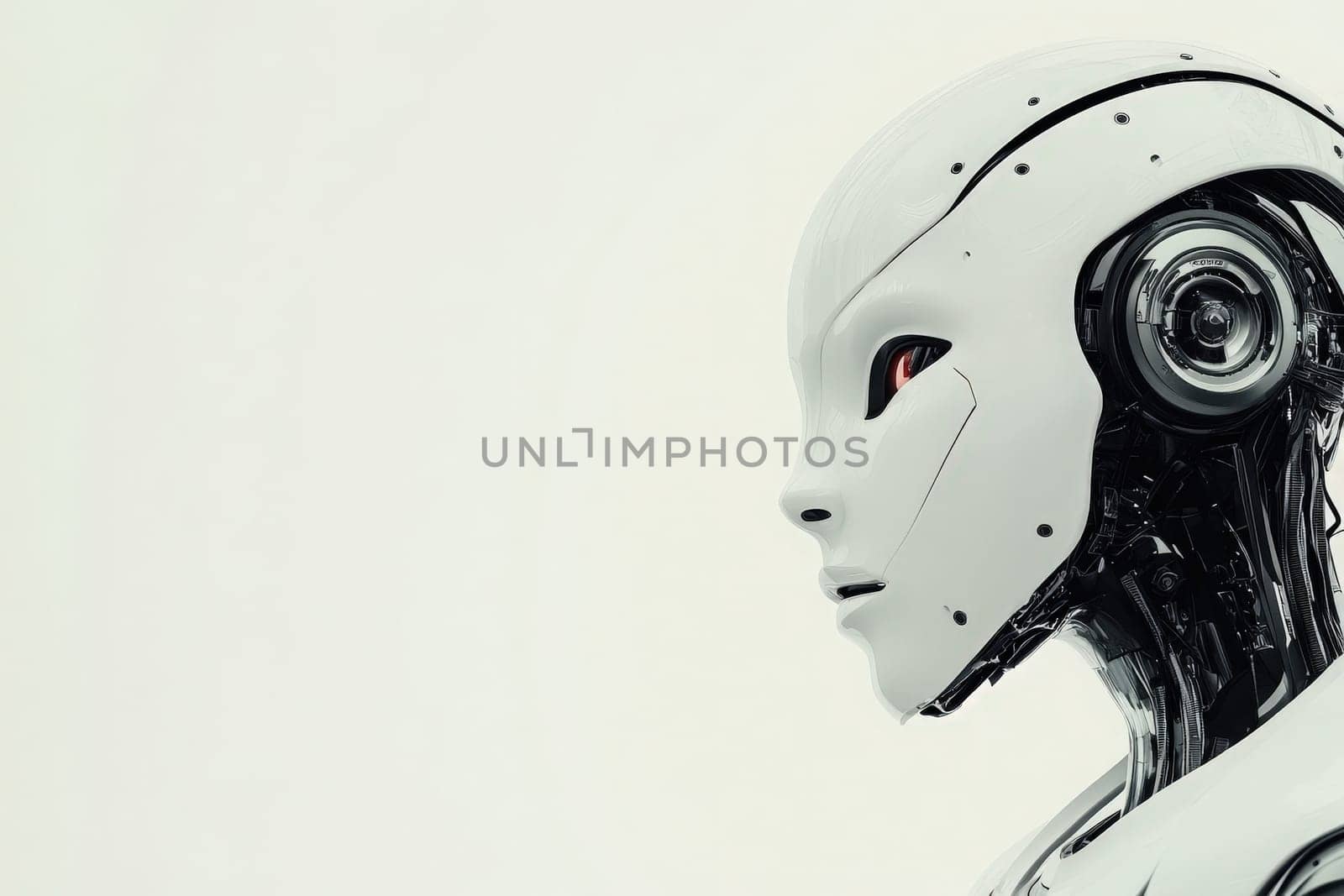 This robot features a smooth, white exterior with intricate internal mechanisms on display. Its facial design emphasizes a futuristic look, set against a clean, solid backdrop.
