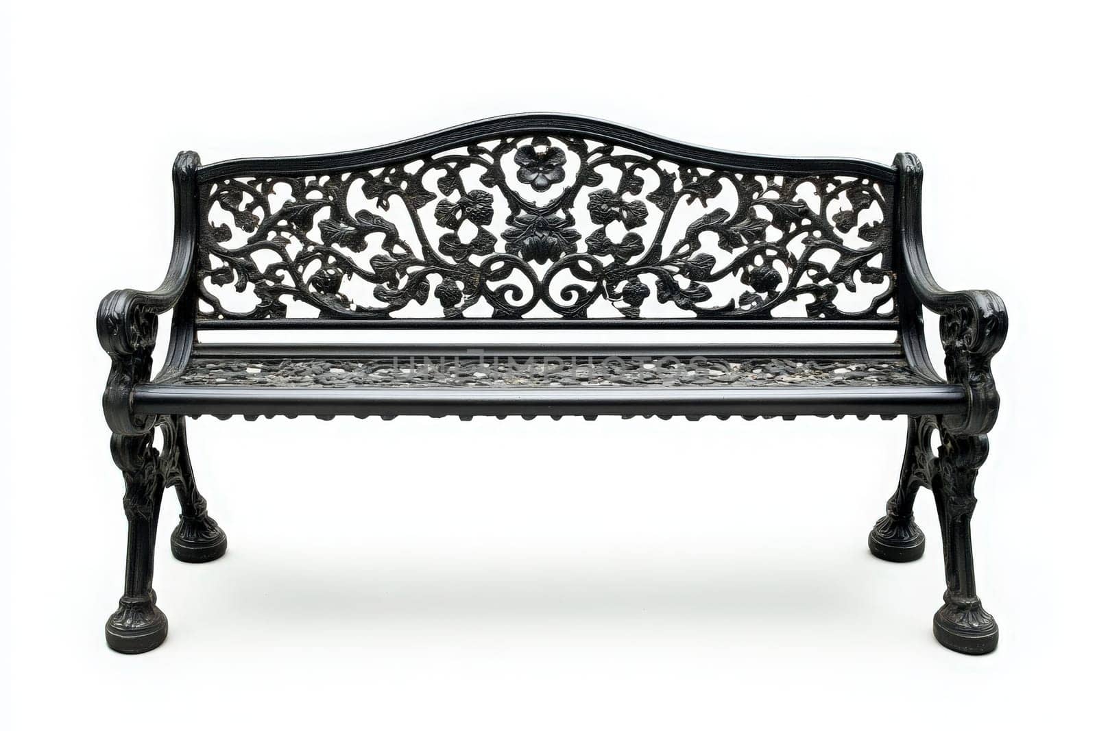 The ornate garden bench stands alone, showcasing intricate floral designs crafted from durable materials, perfect for outdoor relaxation in a tranquil garden setting.