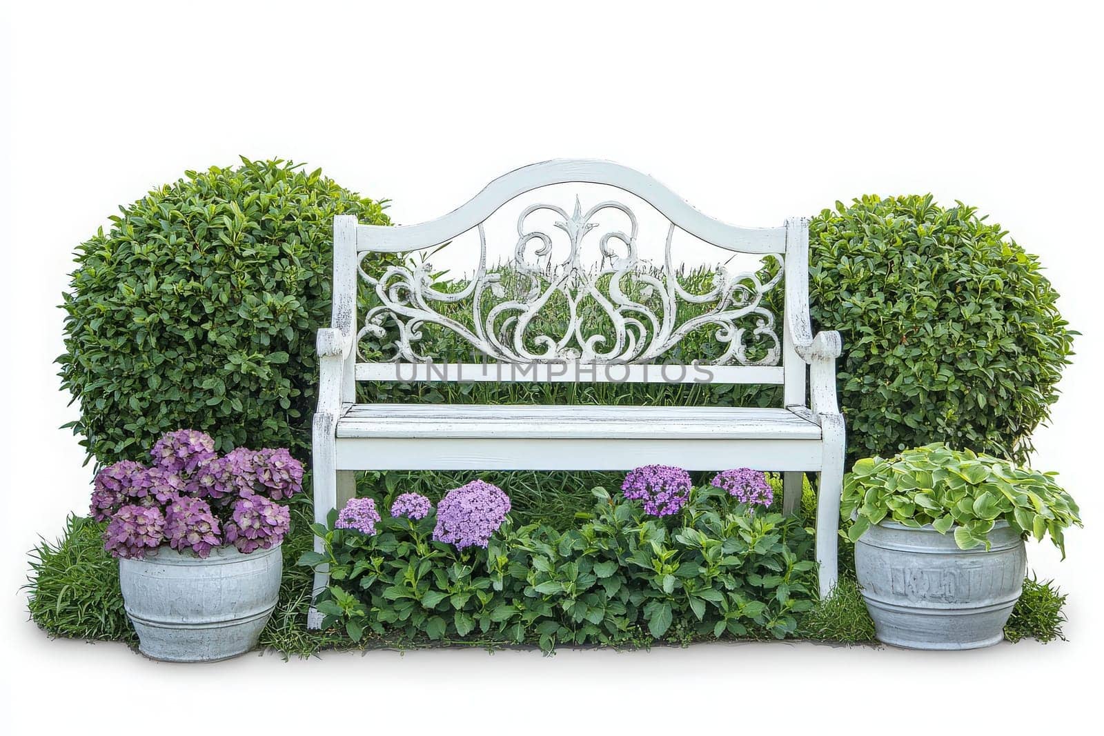A beautifully crafted garden bench stands isolated, embraced by lush greenery and colorful flowers. This serene spot invites relaxation and peaceful moments in natures embrace.