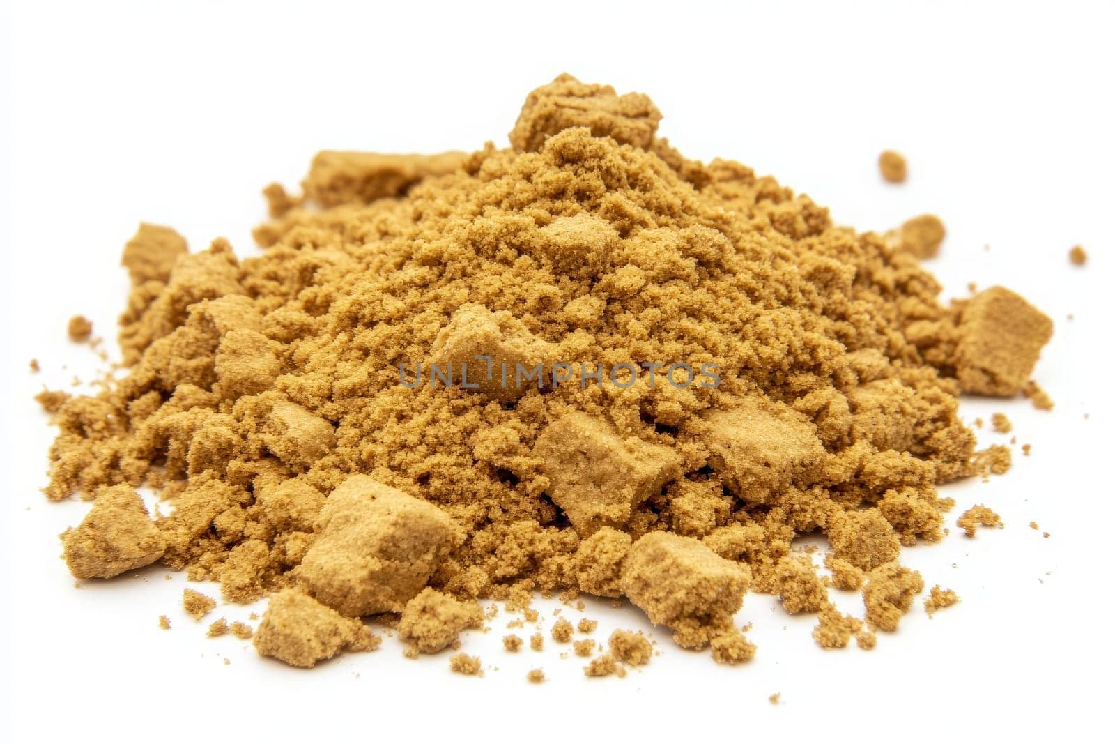 A mound of graham cracker crumbs sits isolated against a white background, showcasing its fine texture and light brown color, perfect for various dessert recipes and baking applications.