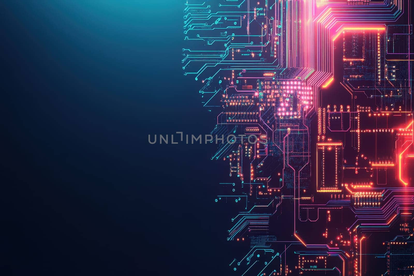 A vibrant neon circuit board displays intricate patterns and glowing pathways against a sleek dark background, showcasing the fusion of technology and art in digital design.