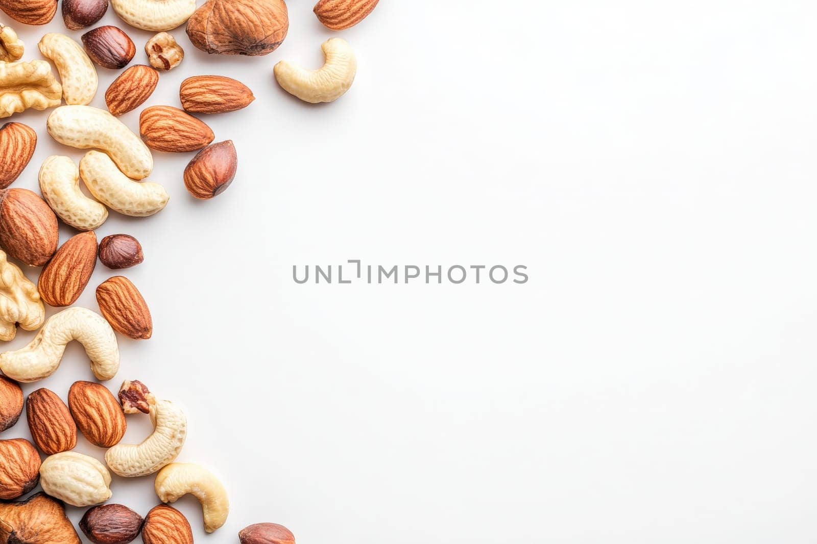 A variety of nuts including almonds, cashews, and walnuts laid out in an artistic arrangement on a plain white background, perfect for promoting healthy snacking options.