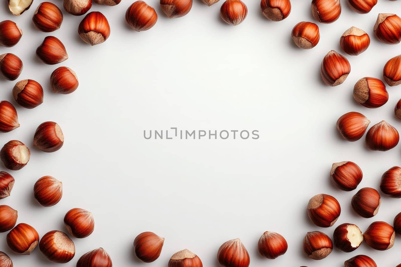A collection of hazelnuts is arranged in a circular formation on a subtle light background.