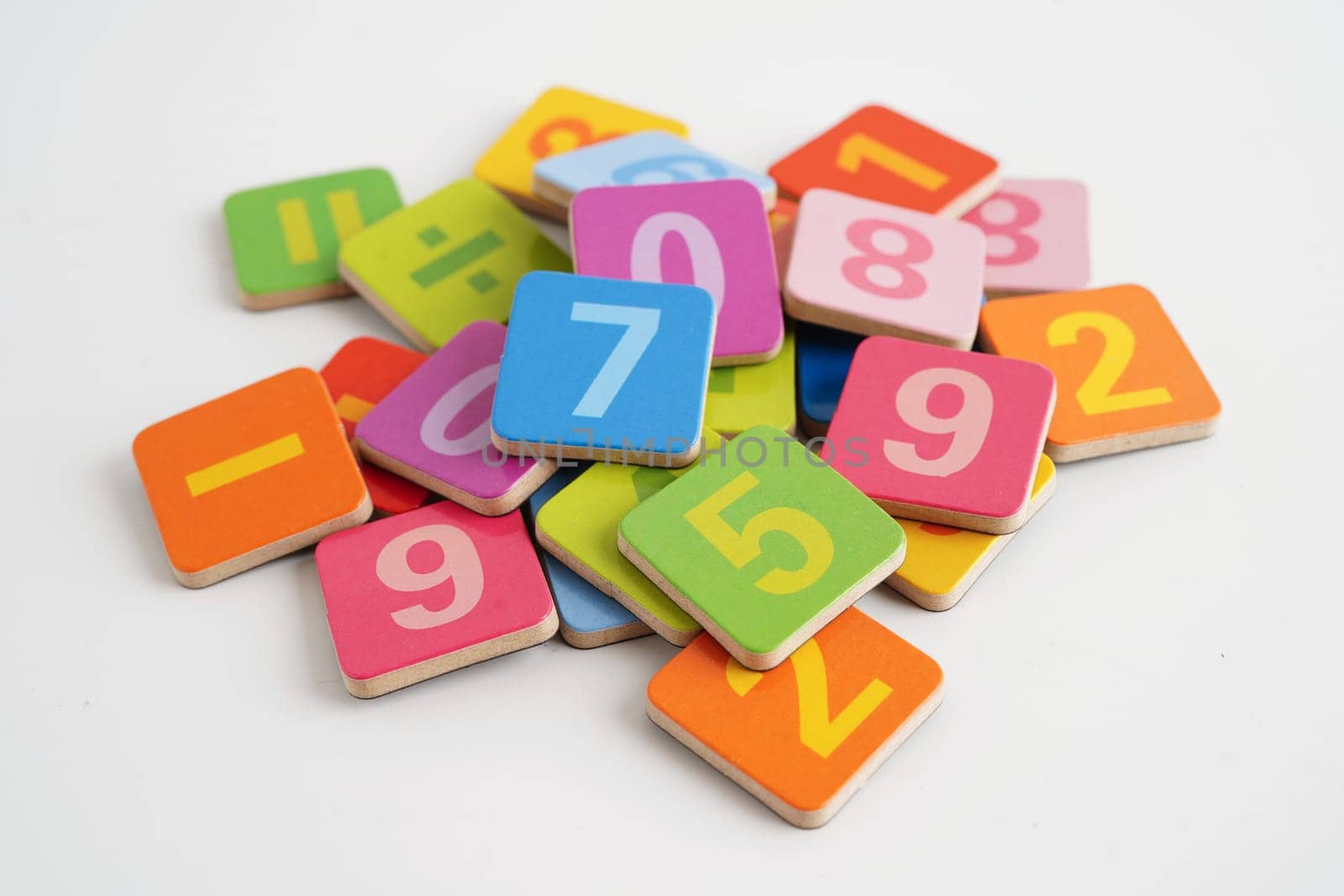 Number wood block cubes for learning Mathematic, education math.