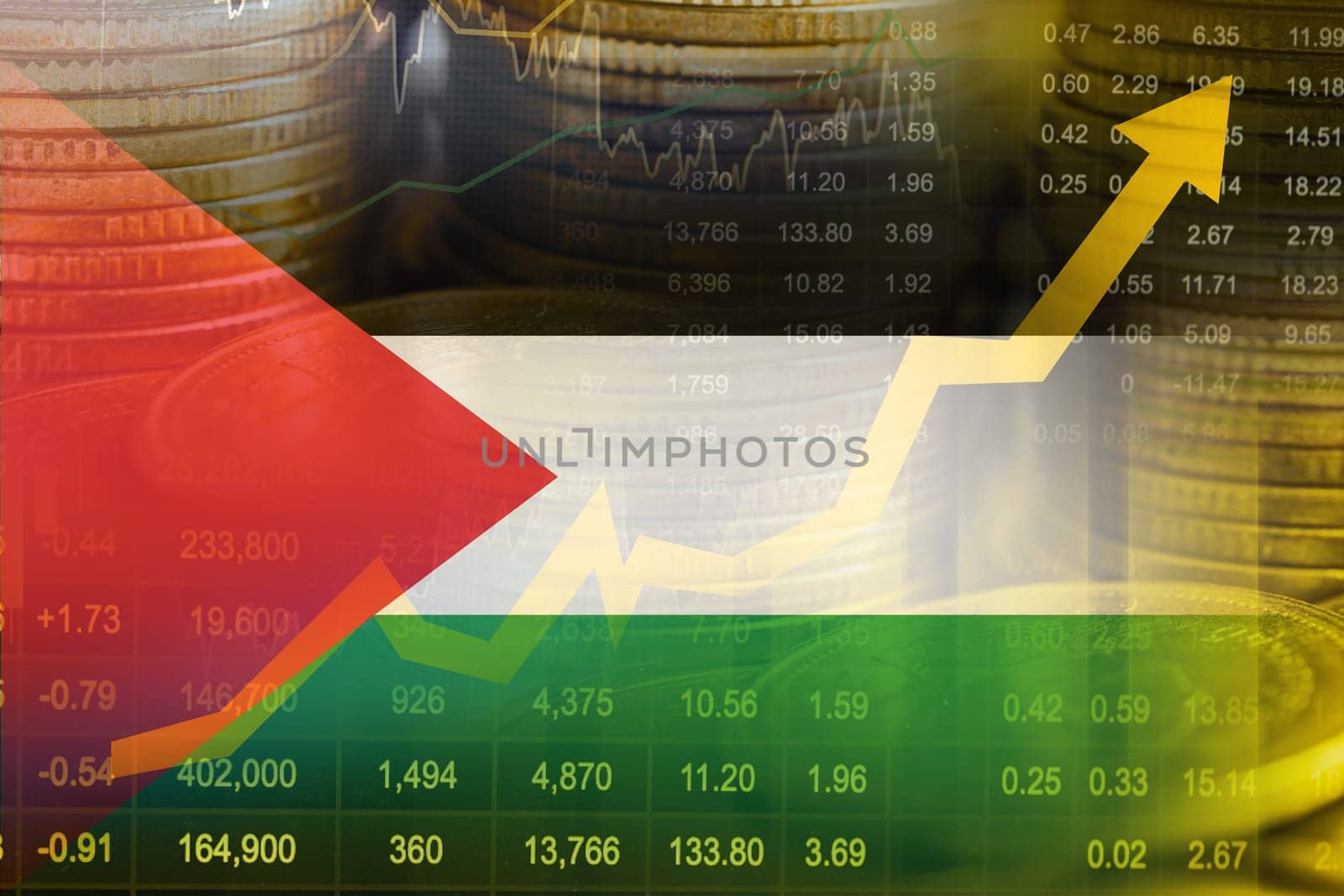 Palestine flag with stock market finance, economy trend graph digital technology.
