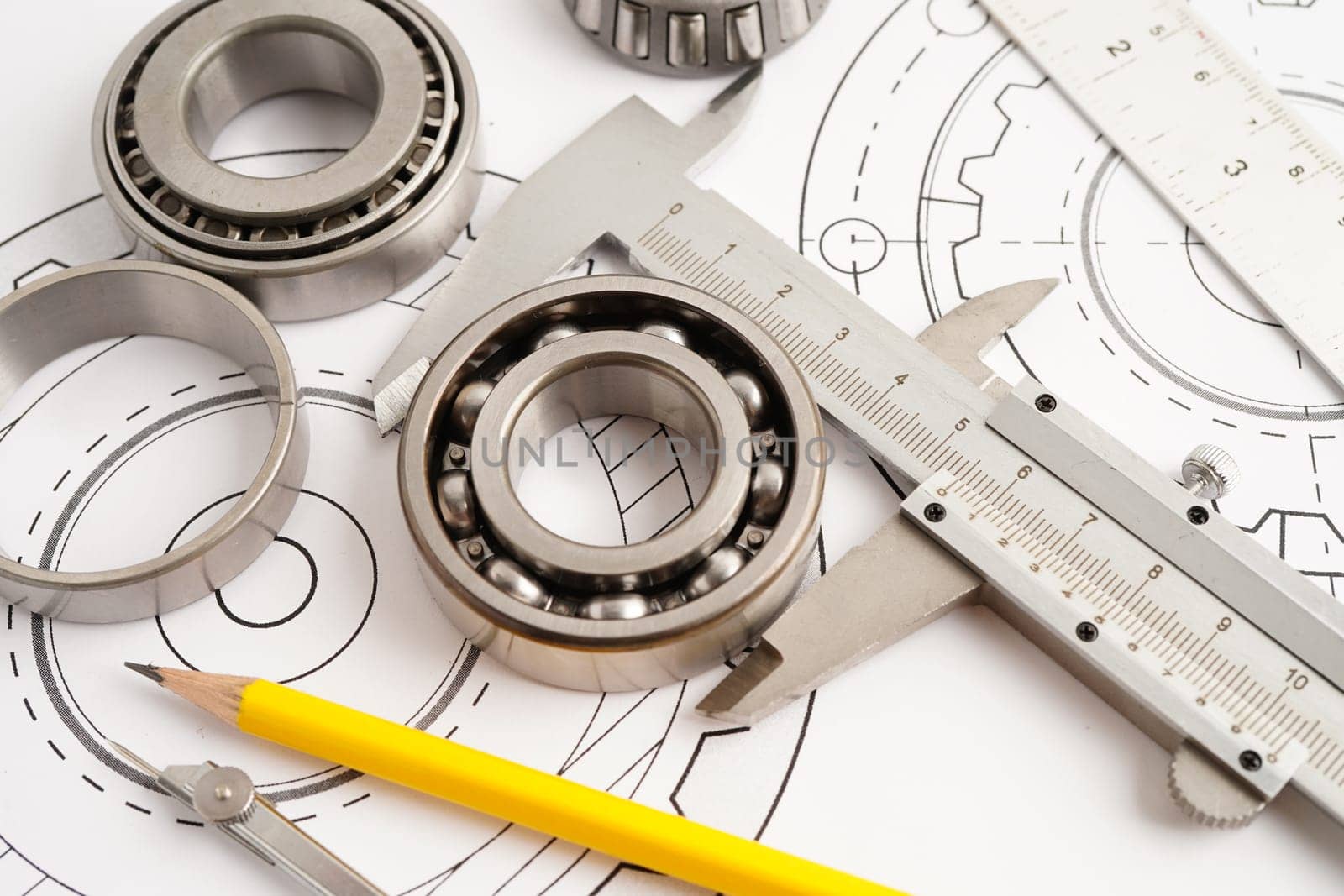 Engineering and precision tools with metal ball bering, mechanical industrial.