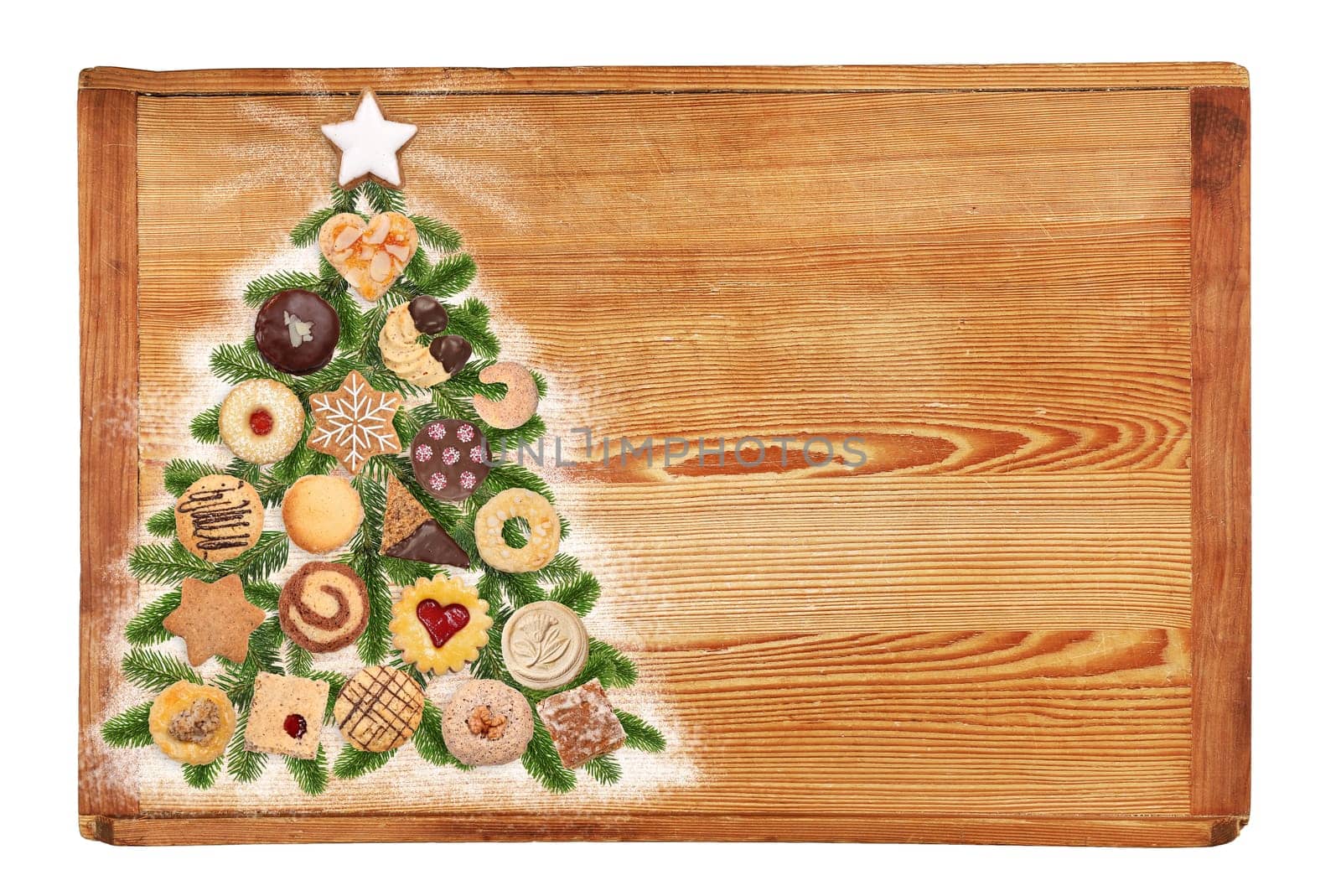 Homemade various cookies as a Christmas motif with space for text.