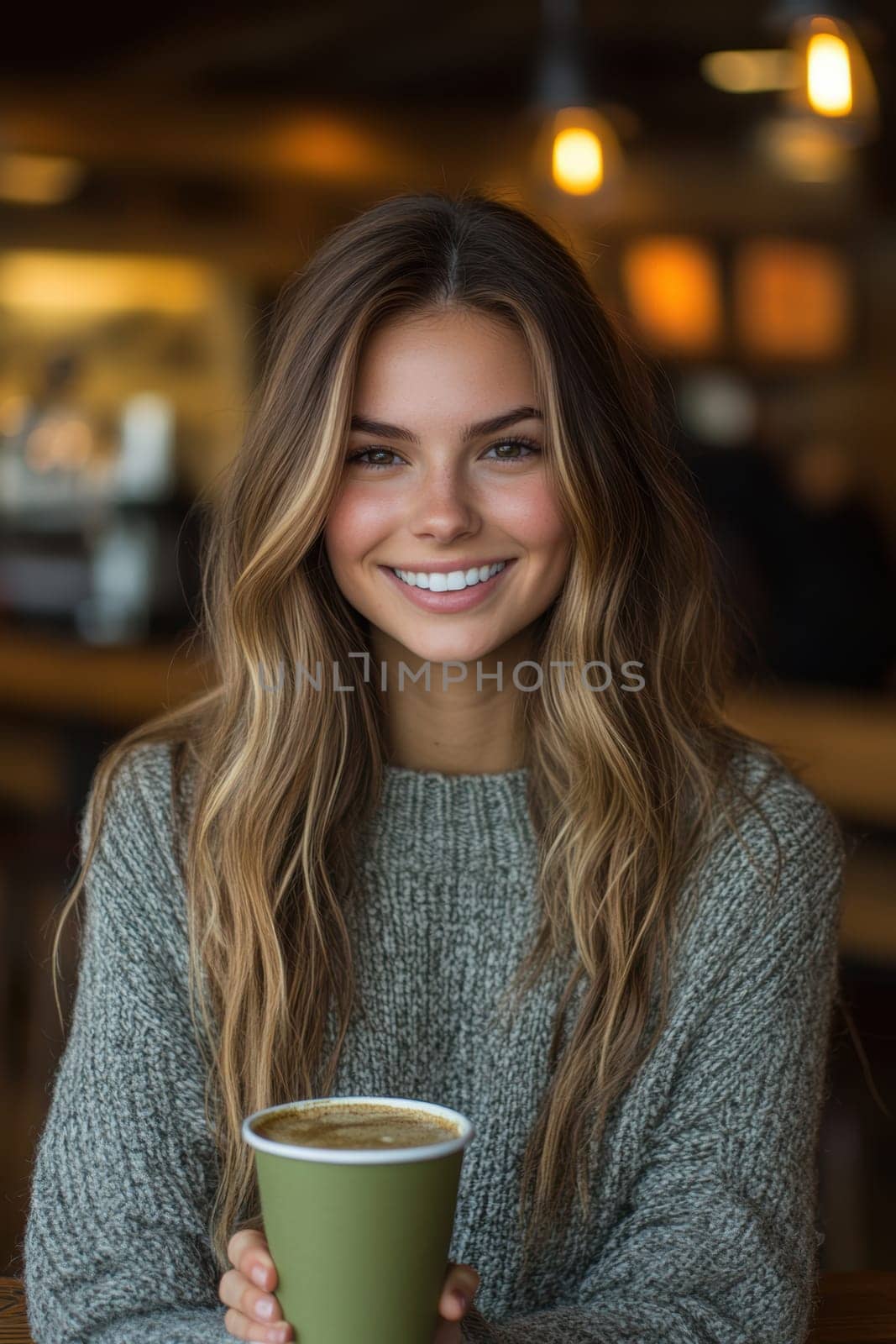 sitting smiling young woman drinking matcha tee. AI generative.