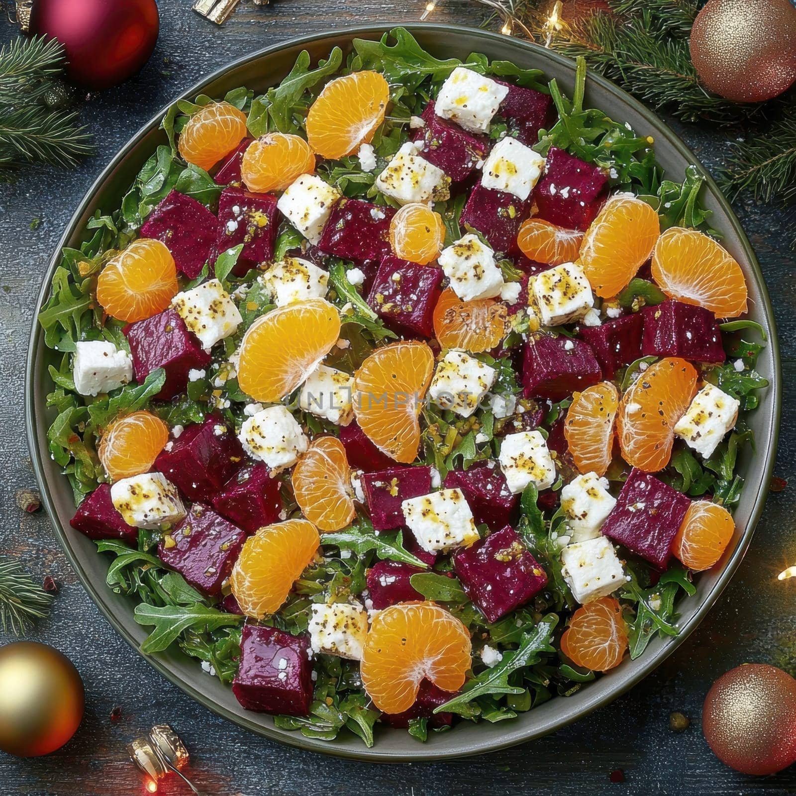 Salad with beetroot, tangerines, feta cheese and arugula,. AI generative