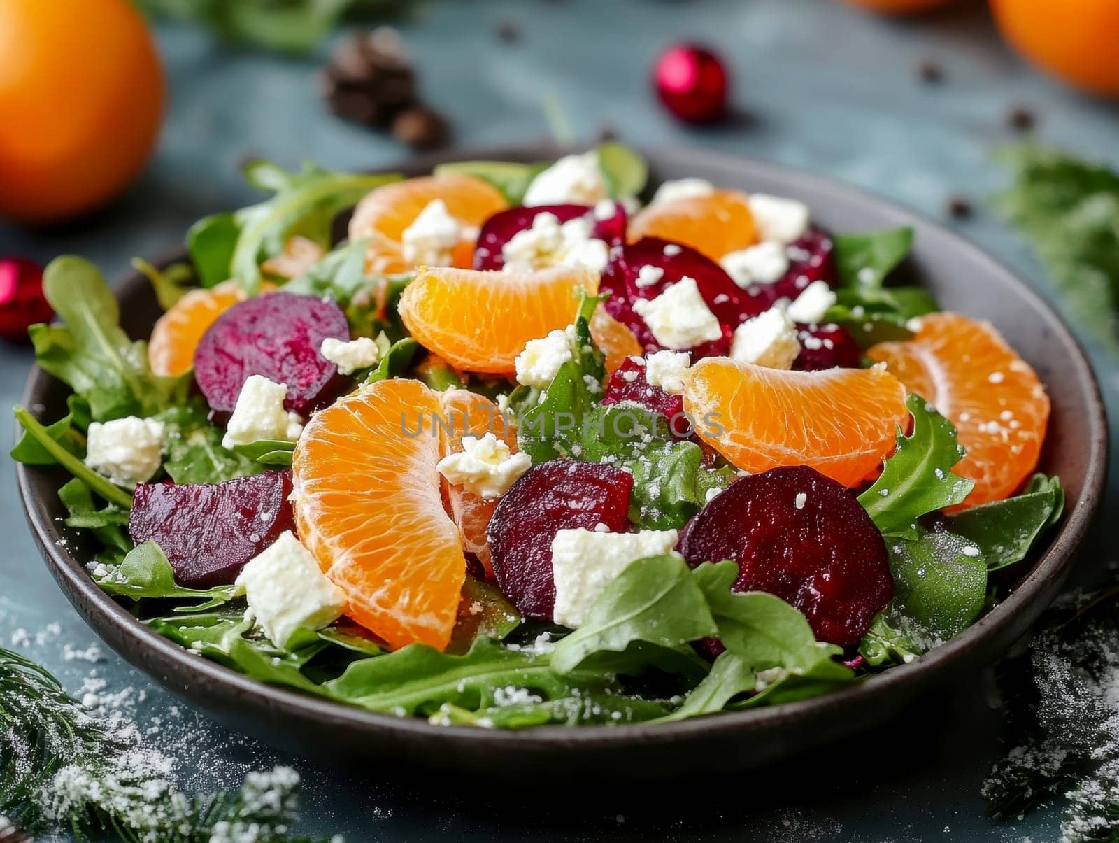 Salad with beetroot, tangerines, feta cheese and arugula,. AI generative