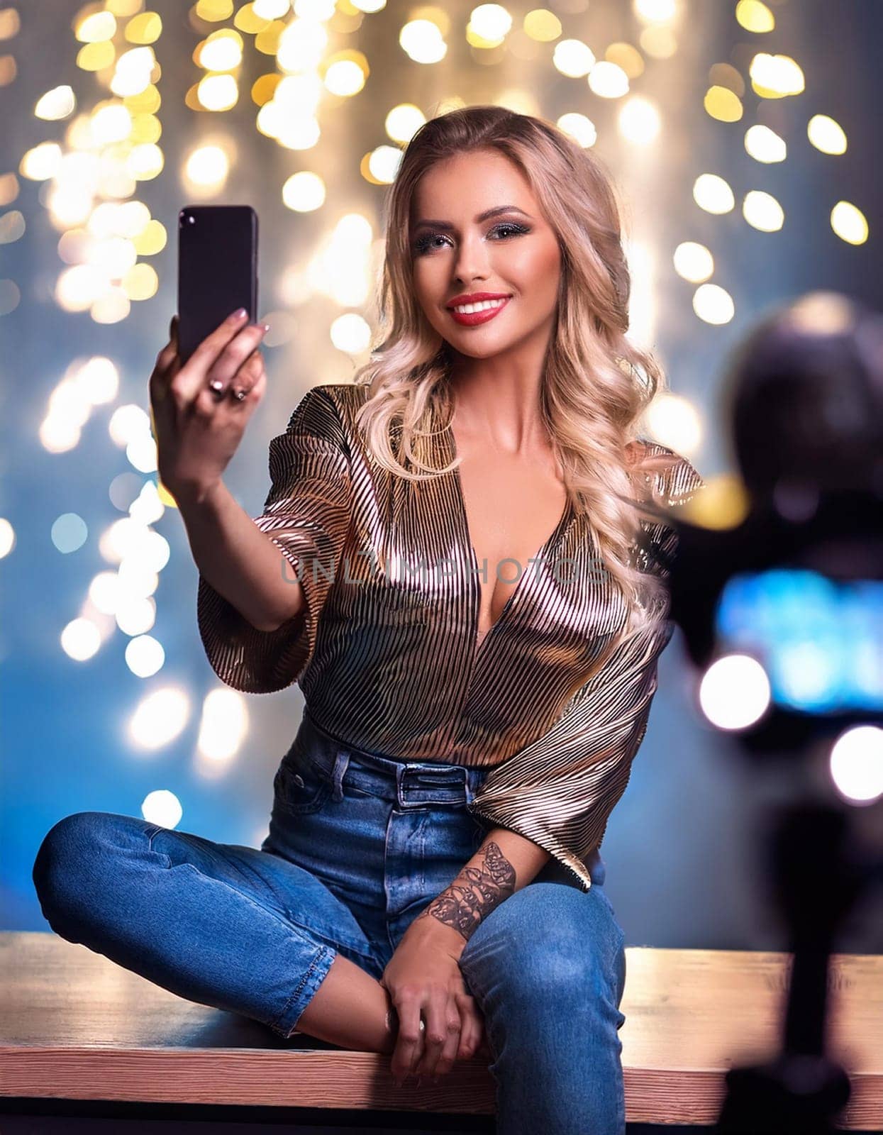 gorgeous young female influencer taking selfie, AI generated image