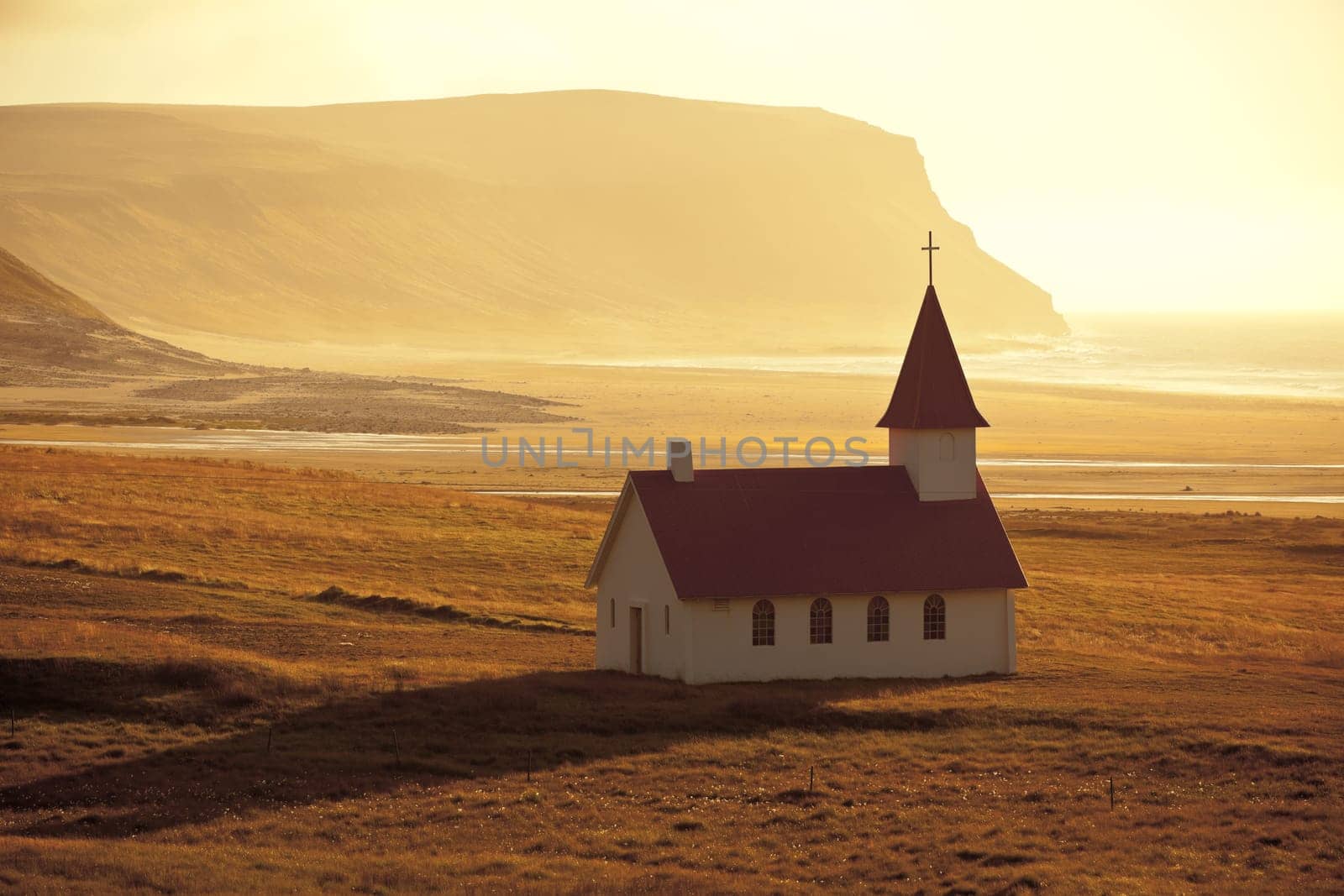 Typical Rural Icelandic Church at Sea Coastline. Horizontal shot